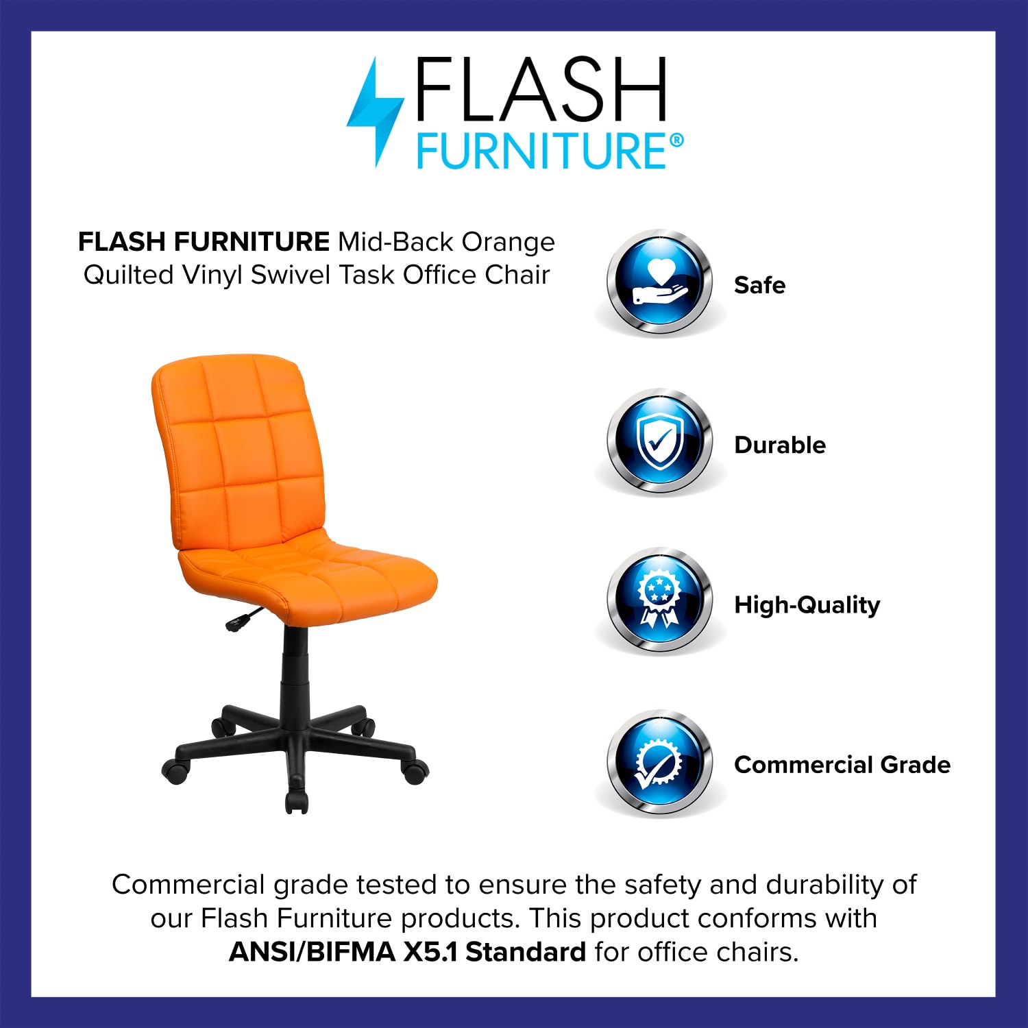 Flash Furniture Quilted Vinyl MidBack Swivel Task Chair OrangeBlack PopularChairscom Flash Furniture Quilted Vinyl Mid Back Swivel Task Chair OrangeBlack PopularChairscom