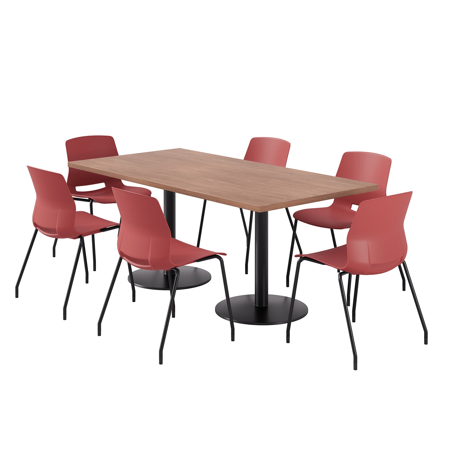 KFI Studios Proof Rectangle Pedestal Table With Imme Chairs, 31-3/4inH x 72inW x 36inD, River Cherry Top/Black Base/Coral Chairs