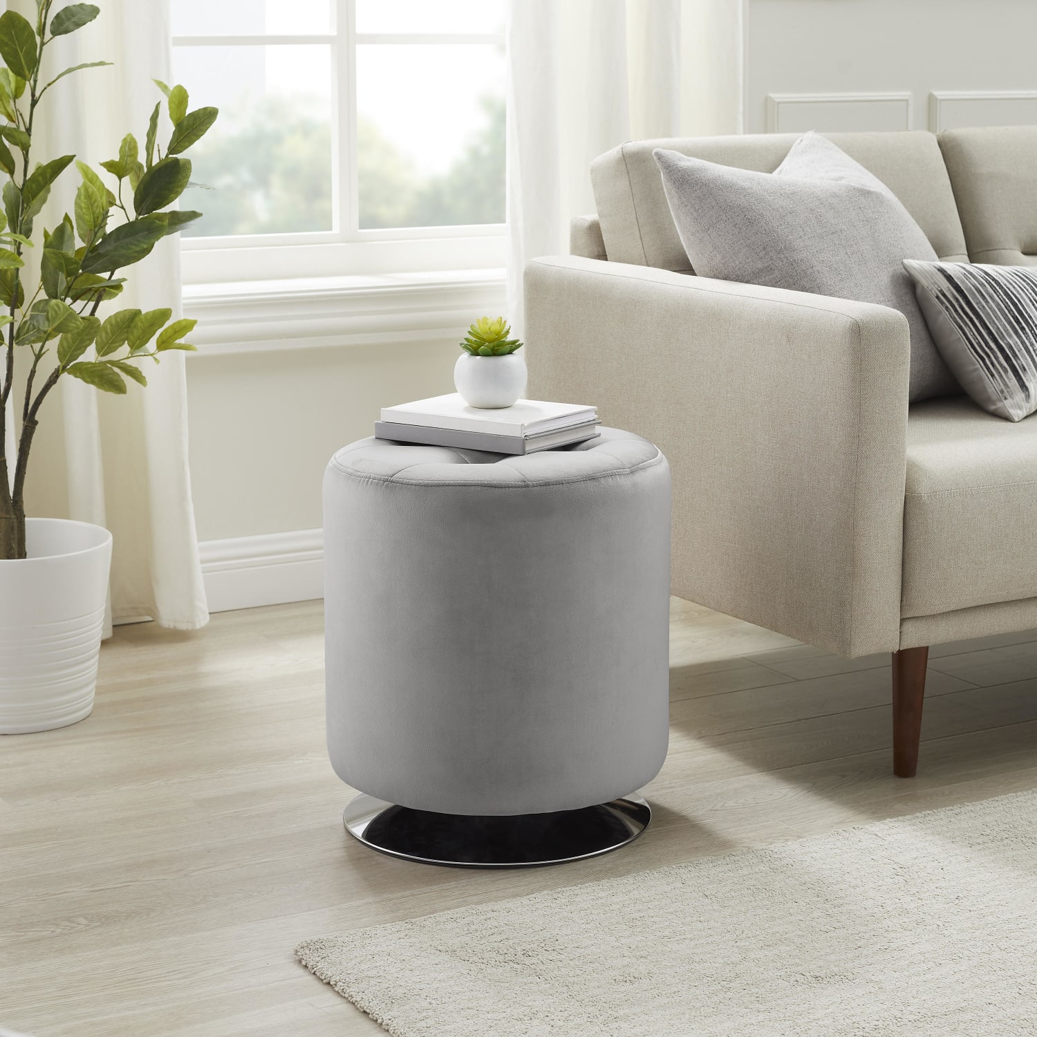Linon Emaline Faux Leather Swivel Ottoman, 19-1/4inH x 16-1/2inW x 16-1/2inD, Gray - Image 5