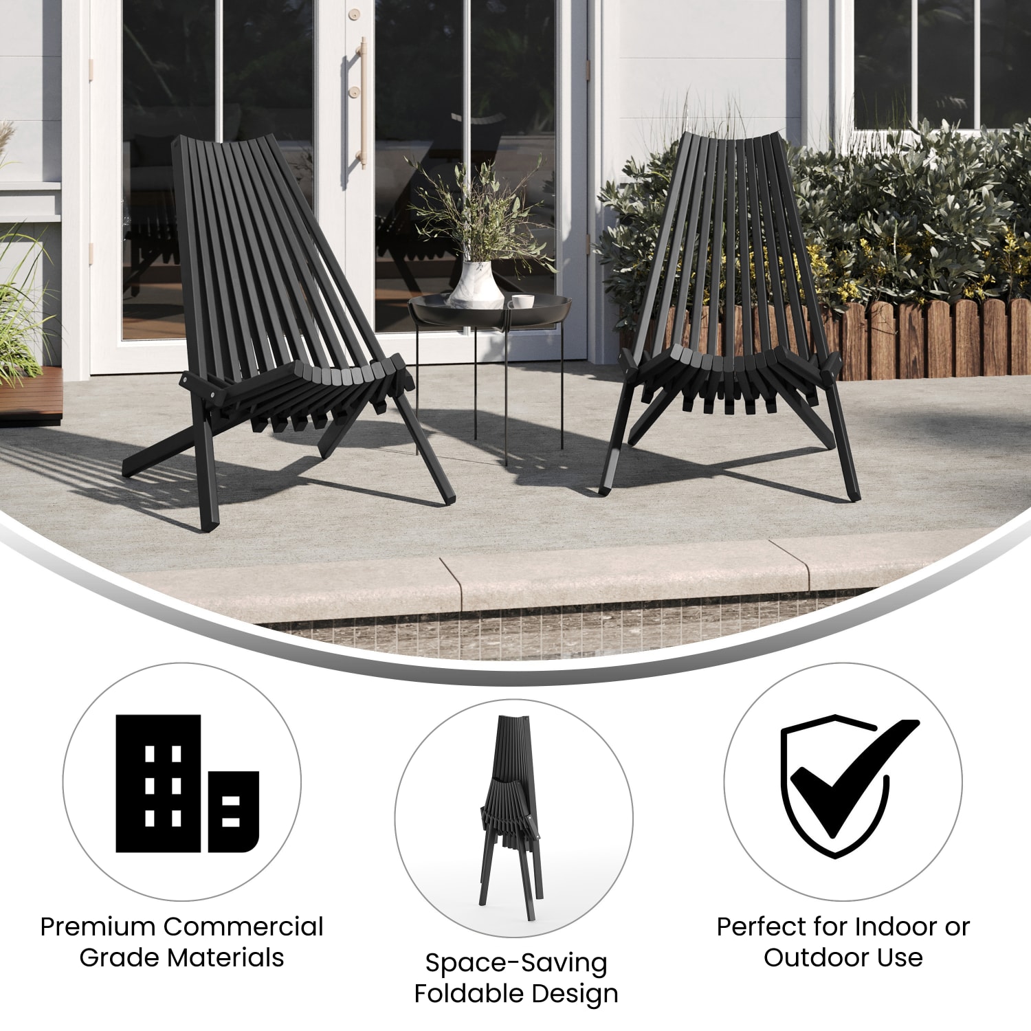 Flash Furniture Delia Commercial Grade Indoor/Outdoor Folding Acacia Wood Chair, Low Profile Lounge for Patio, Porch, Garden, Black - Image 4