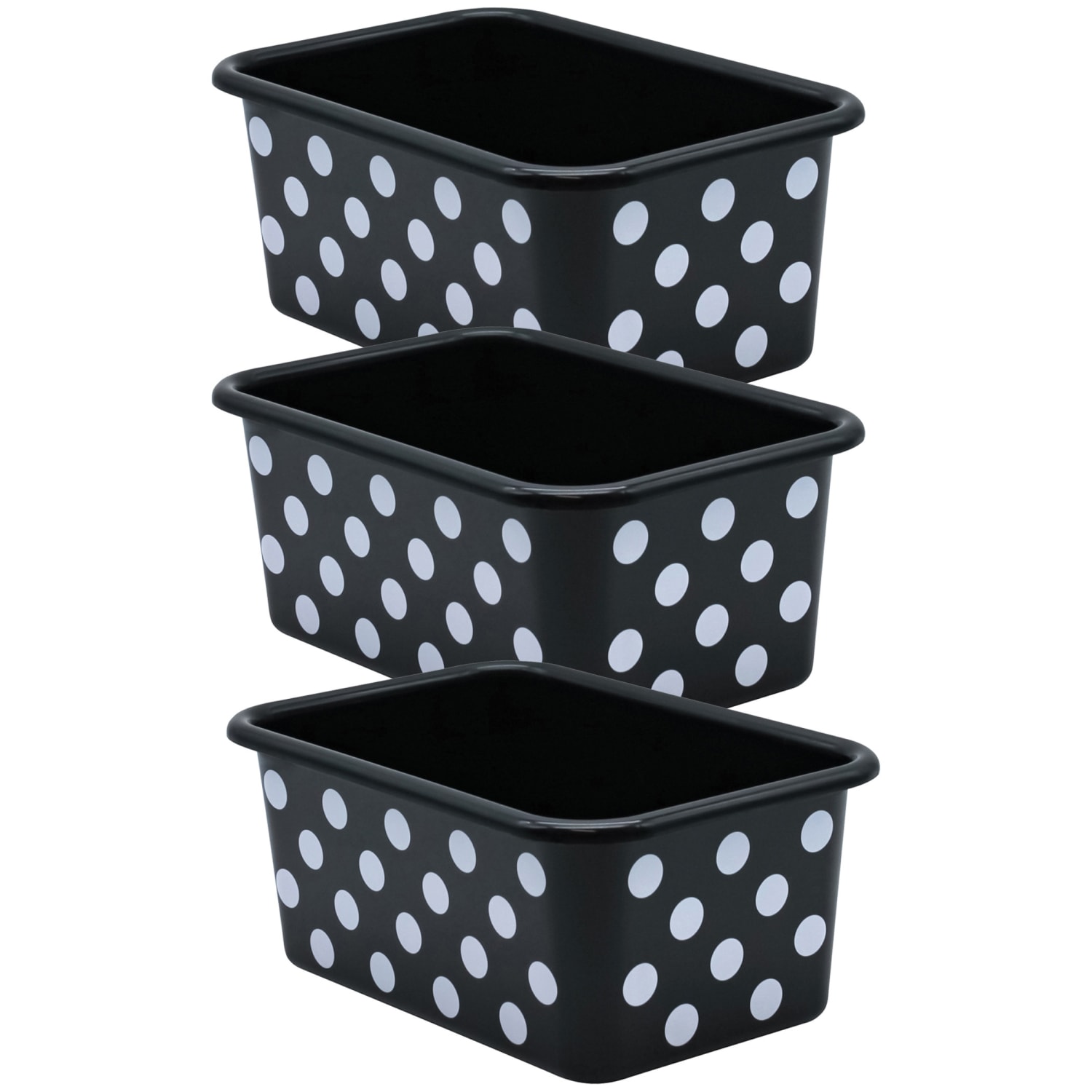 Teacher Created Resources Plastic Storage Bin, Small, White Polka Dots on Black, Pack Of 3