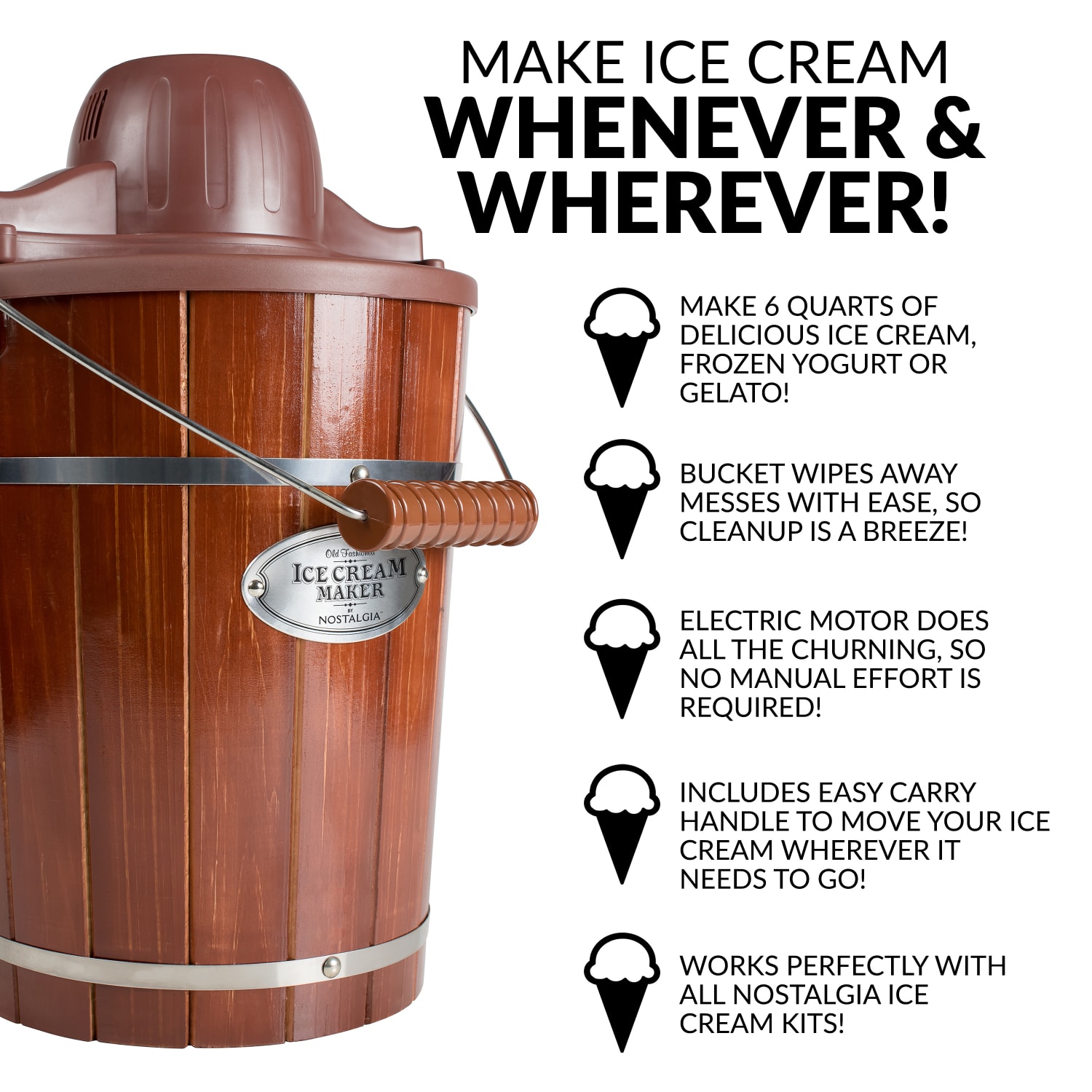 Nostalgia Electrics 6-Qt Wood Bucket Ice Cream Maker, Woodgrain - Image 3