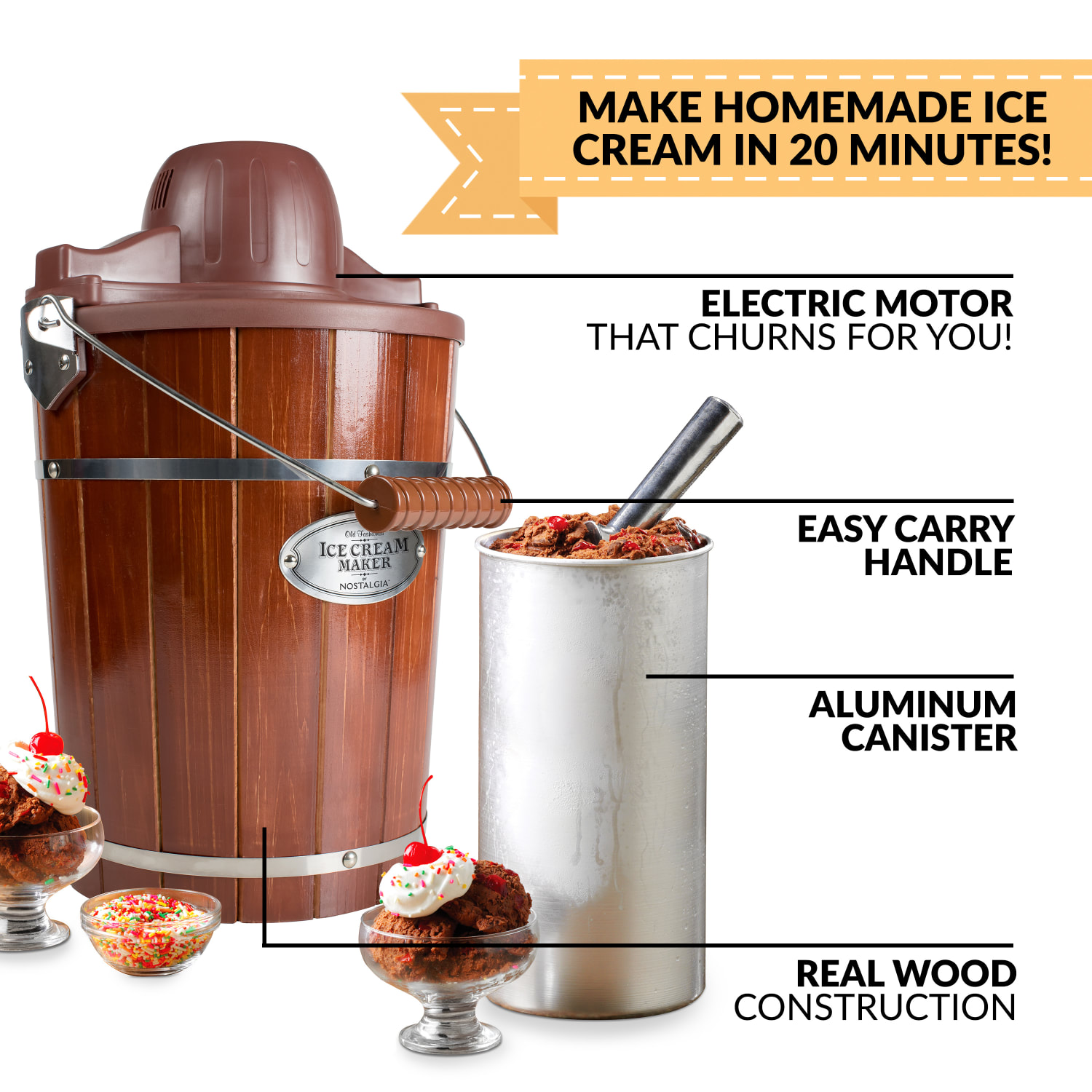 Nostalgia Electrics 6-Qt Wood Bucket Ice Cream Maker, Woodgrain - Image 6