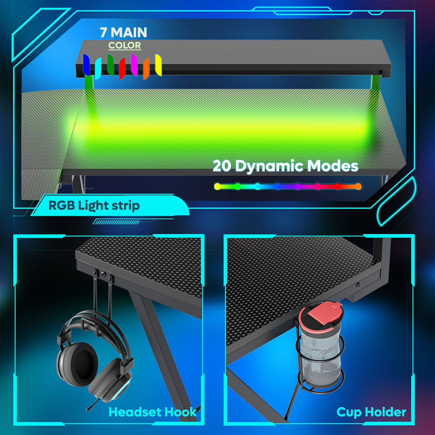 Bestier L-Shaped RGB Gaming Desk With Monitor Stand & Multi-Function Hooks, 56inW, Black Carbon Fiber - Image 3
