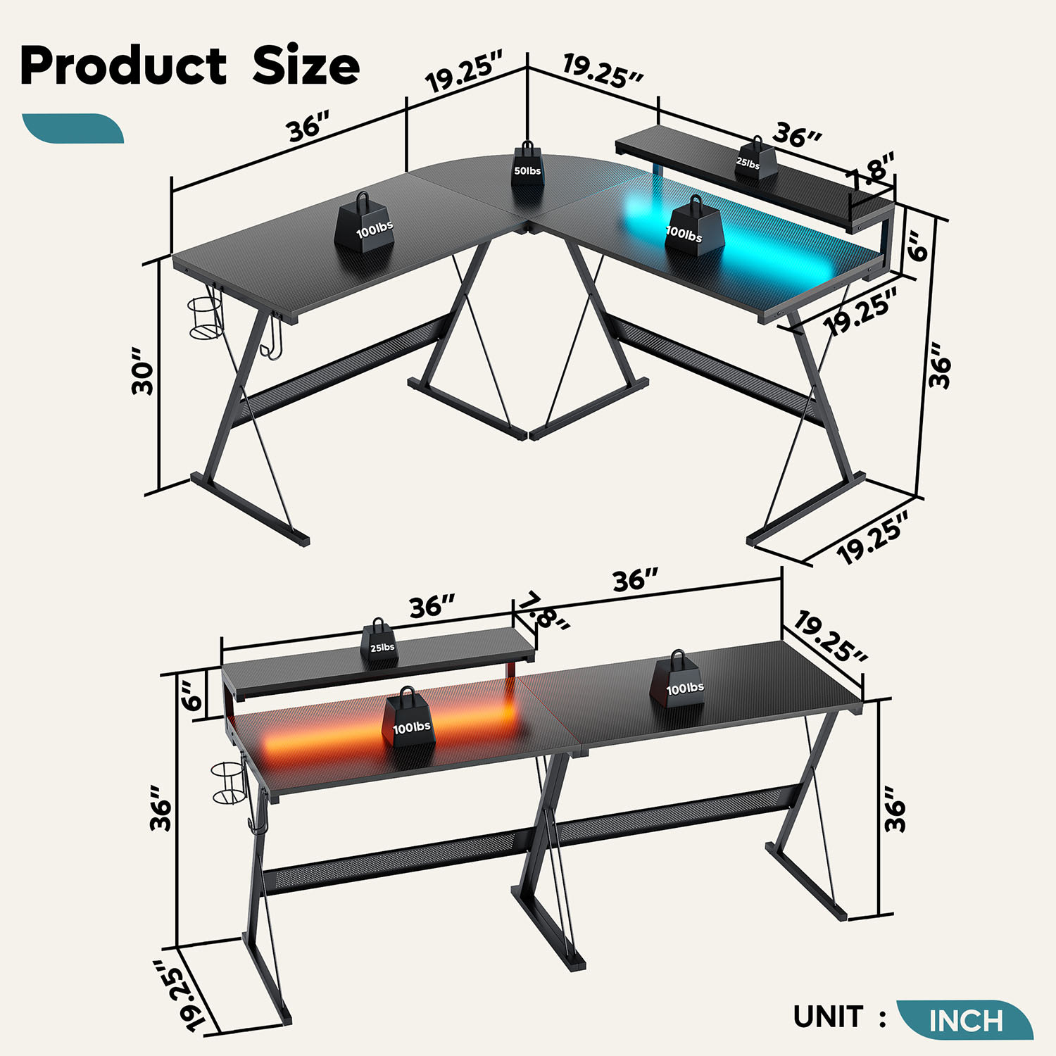 Bestier L-Shaped RGB Gaming Desk With Monitor Stand & Multi-Function Hooks, 56inW, Black Carbon Fiber - Image 5