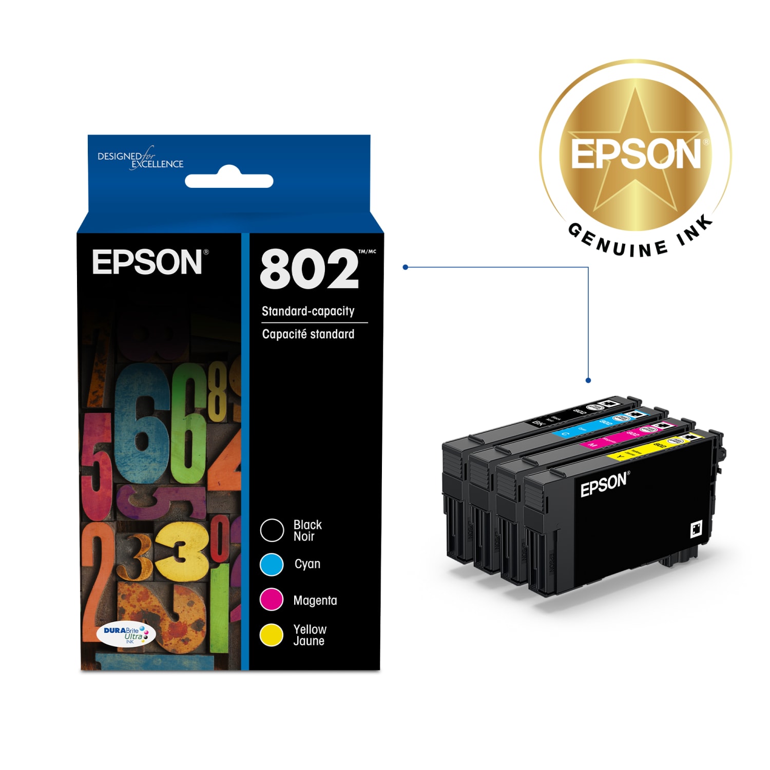 Epson 802 DuraBrite Black And Cyan, Magenta, Yellow Ink Cartridges, Pack Of 4, T802120-BCS - Image 3