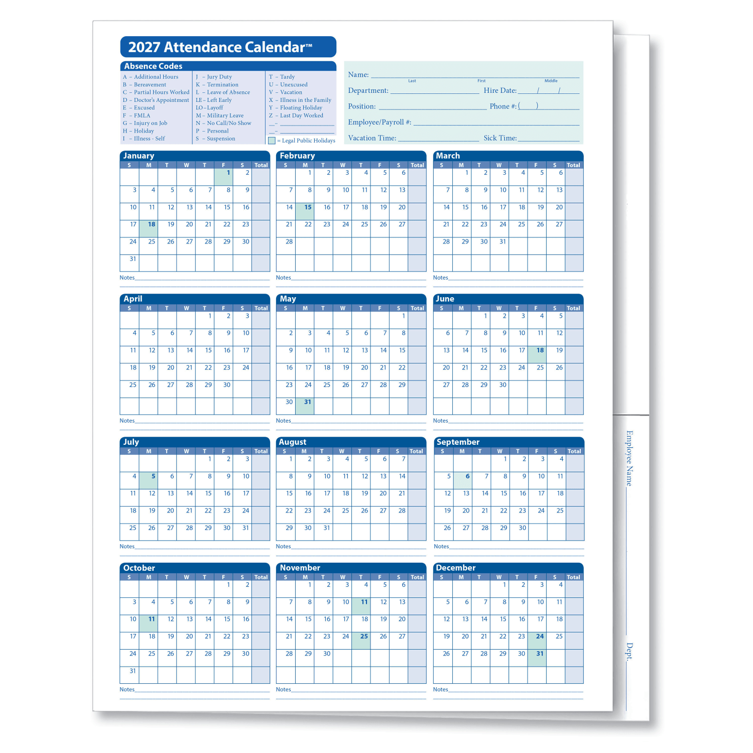 ComplyRight 2026 Attendance Calendar Folders, 9 3/8in x 11 3/4in, White, Pack Of 25