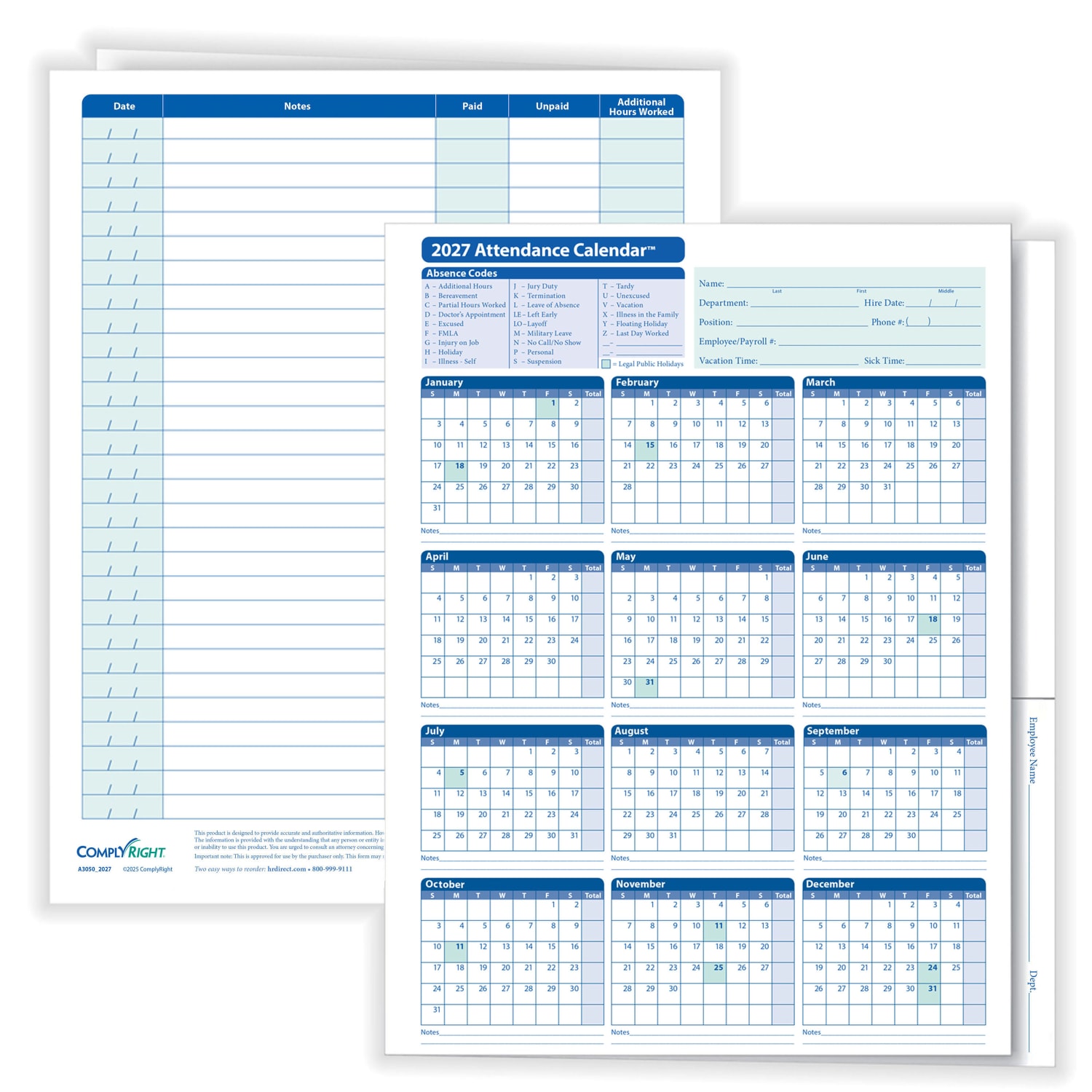 ComplyRight 2026 Attendance Calendar Folders, 9 3/8in x 11 3/4in, White, Pack Of 25 - Image 3
