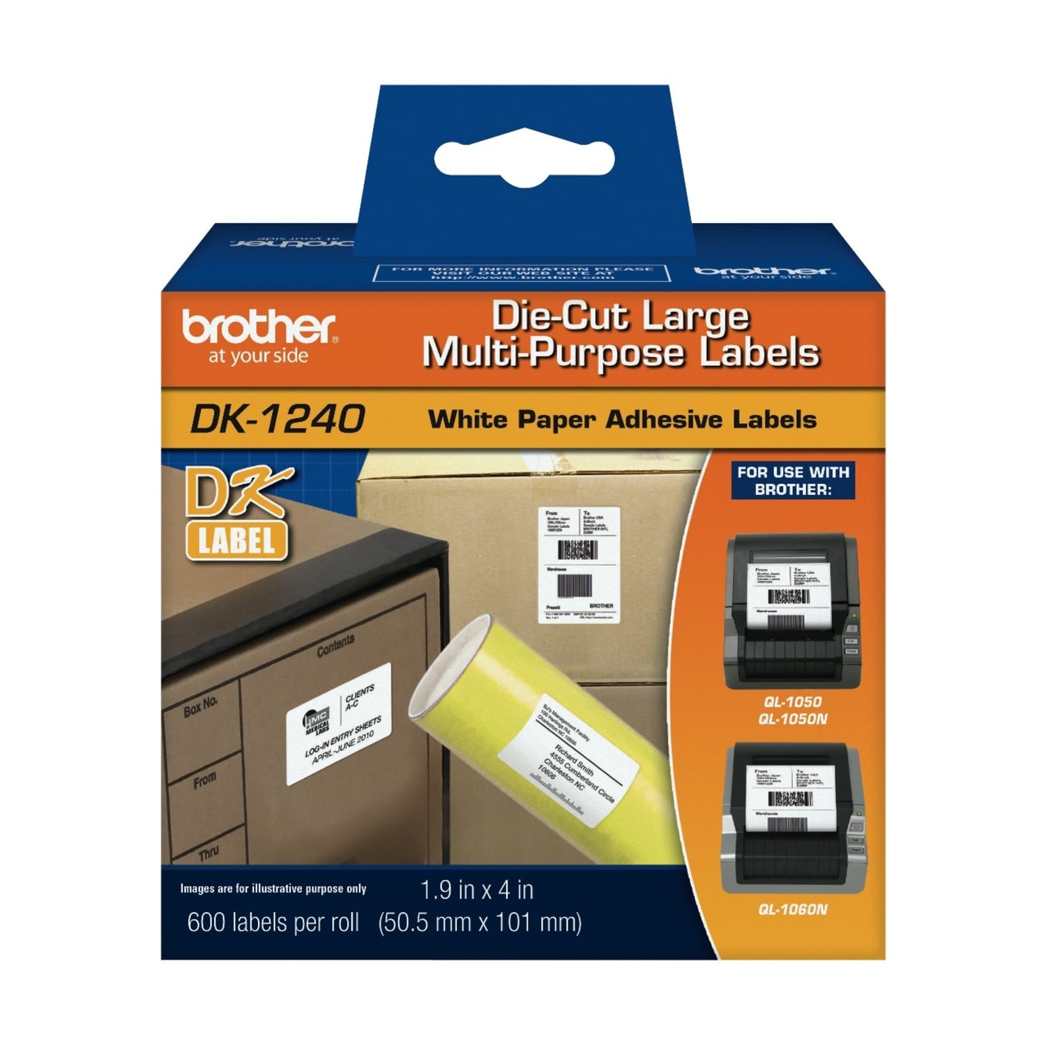 Brother DK1240 Paper Labels, 4in x 2in, White, Pack Of 600