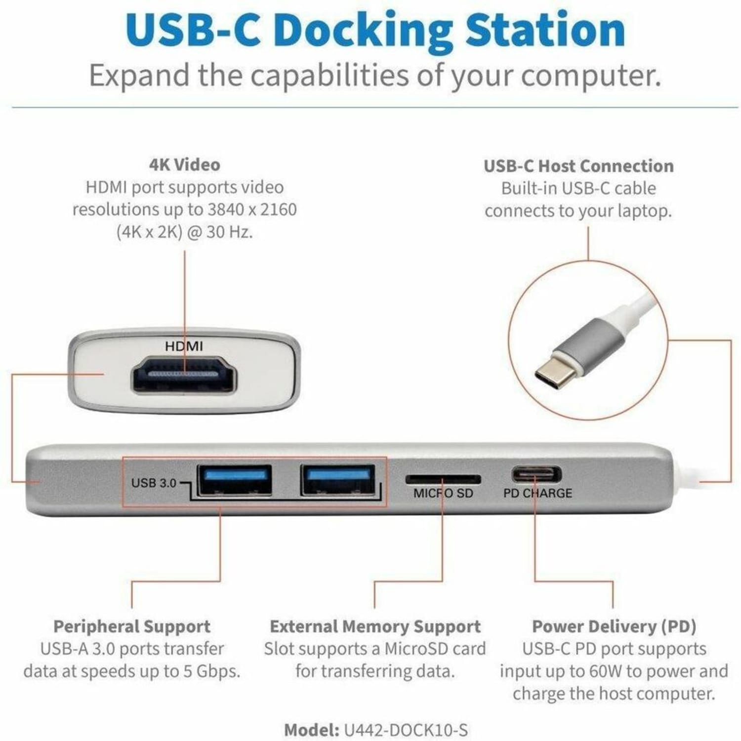 Eaton Tripp Lite Series USB C Docking Station Adapter, 4K @ 30 Hz, HDMI, Thunderbolt 3, PD Charging, Micro SD - U442DOCK10S - Image 3