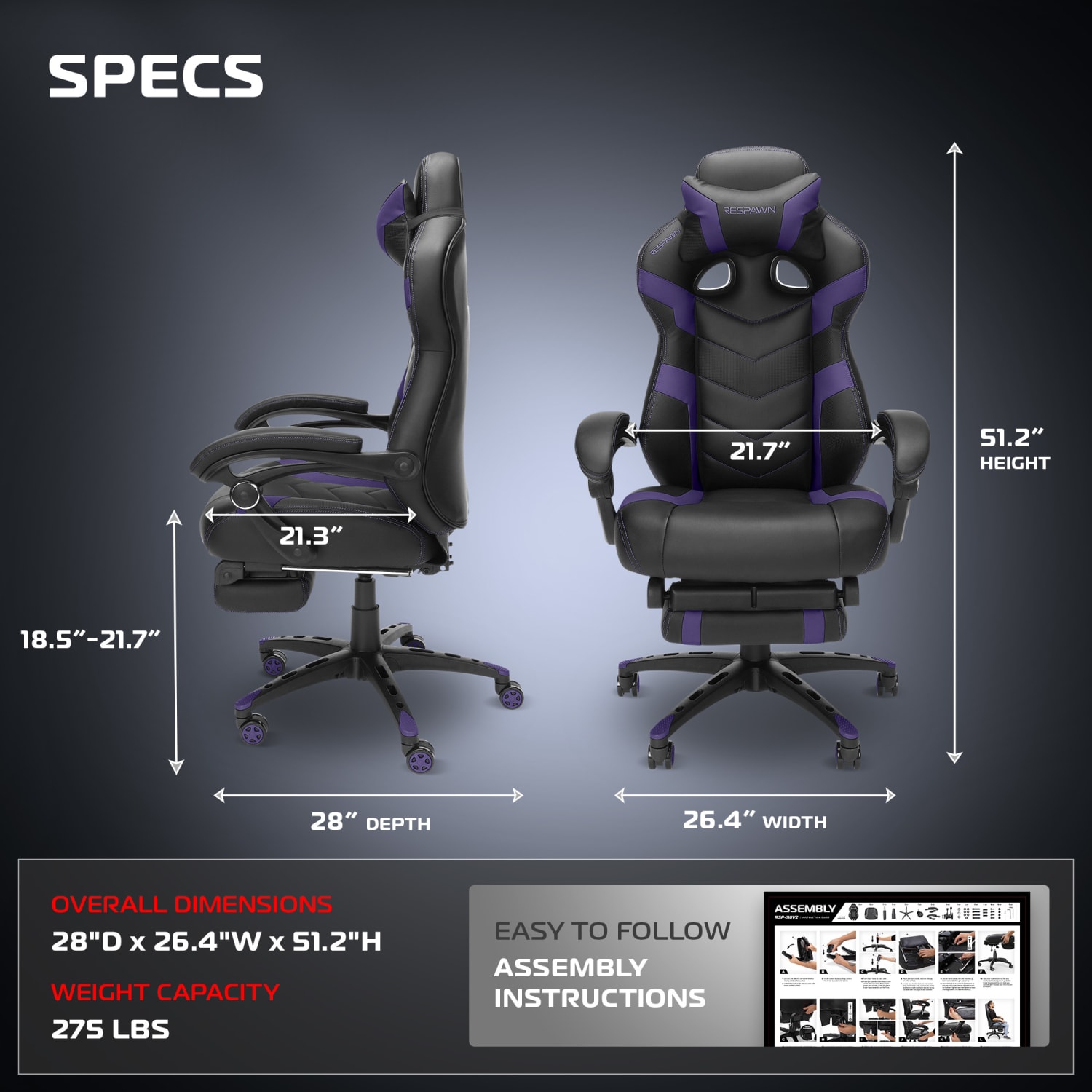 RESPAWN 110 Pro Gaming Chair With Footrest Headrest Pillow Purple RSP110V2PUR PopularChairscom RESPAWN 110 Pro Gaming Chair With Footrest Headrest Pillow Purple RSP110V2PUR PopularChairscom
