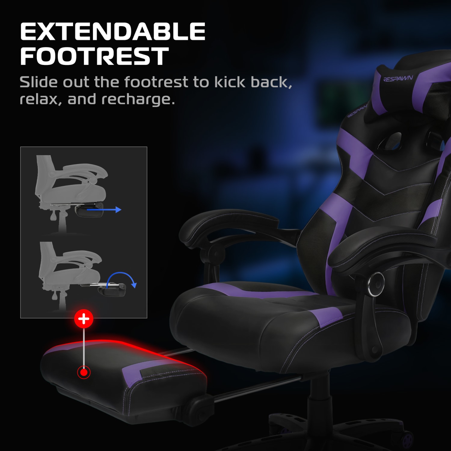 RESPAWN 110 Pro Gaming Chair With Footrest Headrest Pillow Purple RSP110V2PUR PopularChairscom RESPAWN 110 Pro Gaming Chair With Footrest Headrest Pillow Purple RSP110V2PUR PopularChairscom
