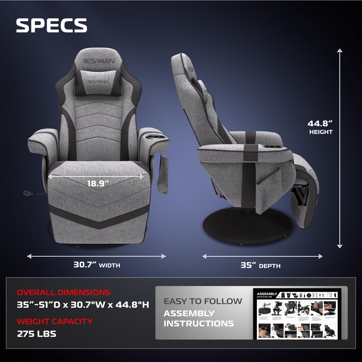 RESPAWN 900 Gaming Recliner, Gray Fabric, RSP900FGRY - Image 3