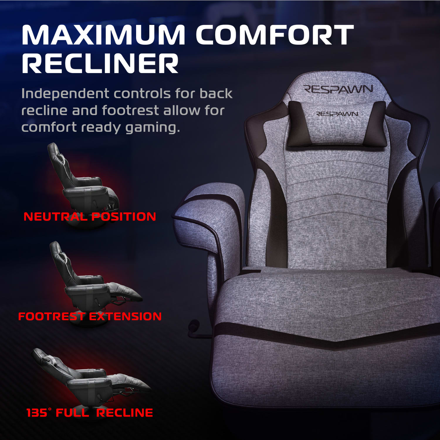 RESPAWN 900 Gaming Recliner, Gray Fabric, RSP900FGRY - Image 5