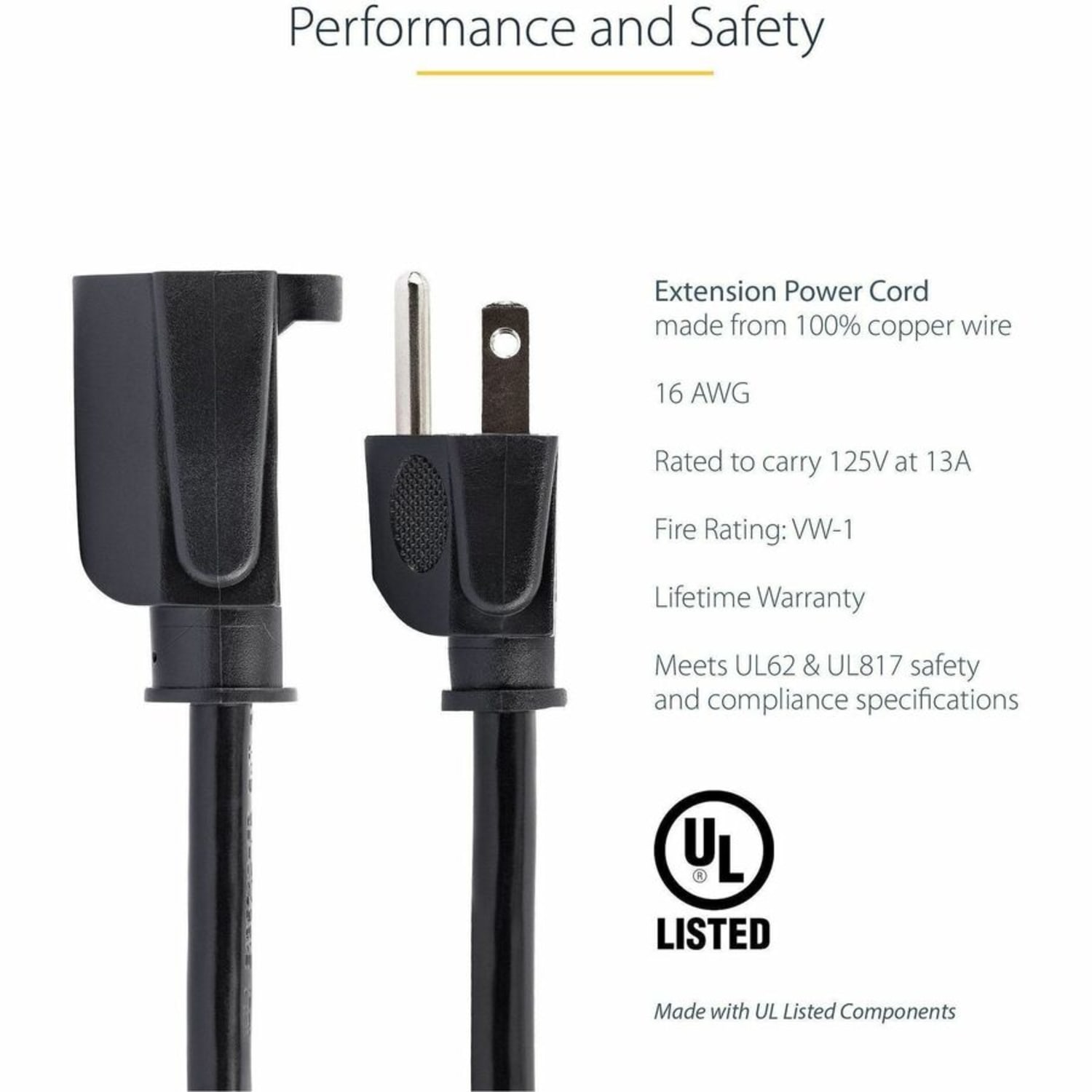 StarTech.com 1ft (0.3m) Short Extension Cord, NEMA5-15R to NEMA5-15P Black Extension Cord, 13A 125V, 16AWG, Computer Power Extension Cable - Image 4