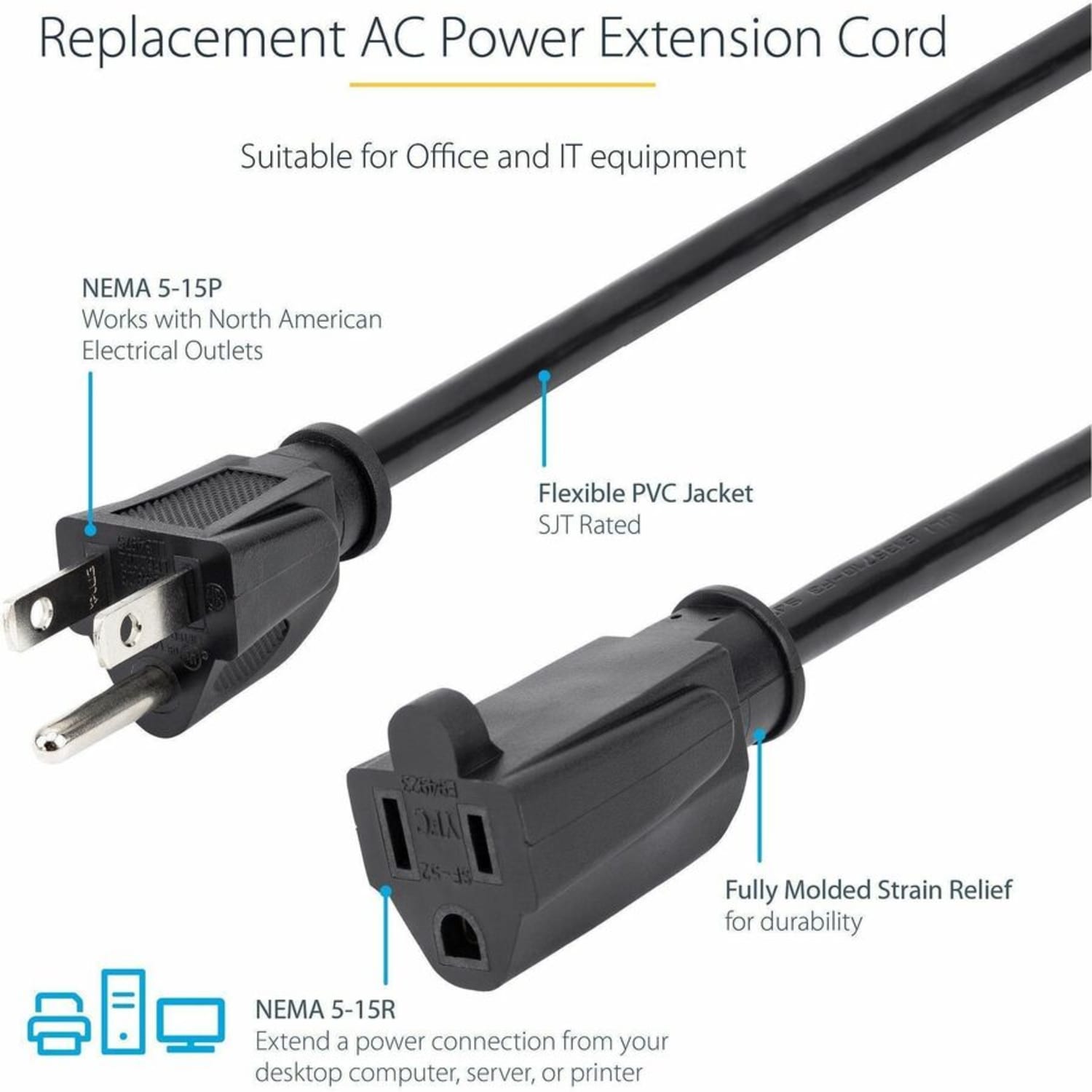 StarTech.com 1ft (0.3m) Short Extension Cord, NEMA5-15R to NEMA5-15P Black Extension Cord, 13A 125V, 16AWG, Computer Power Extension Cable - Image 5