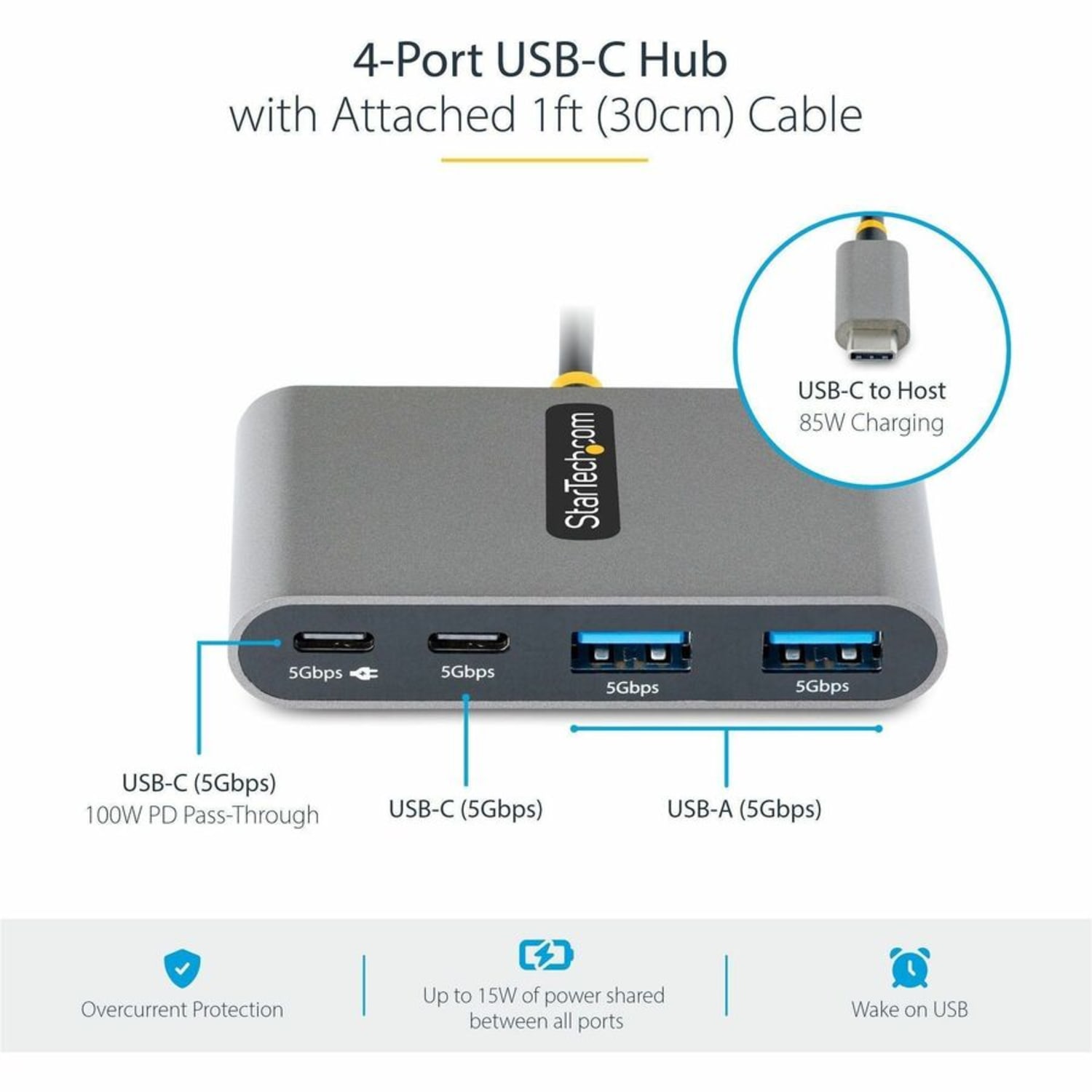 StarTech.com 4-Port USB-C Hub with 100W Power Delivery Pass-Through, 2x USB-A + 2x USB-C, 5Gbps, 1ft/30cm Long Cable, Portable USB 3.0 Hub - Image 3