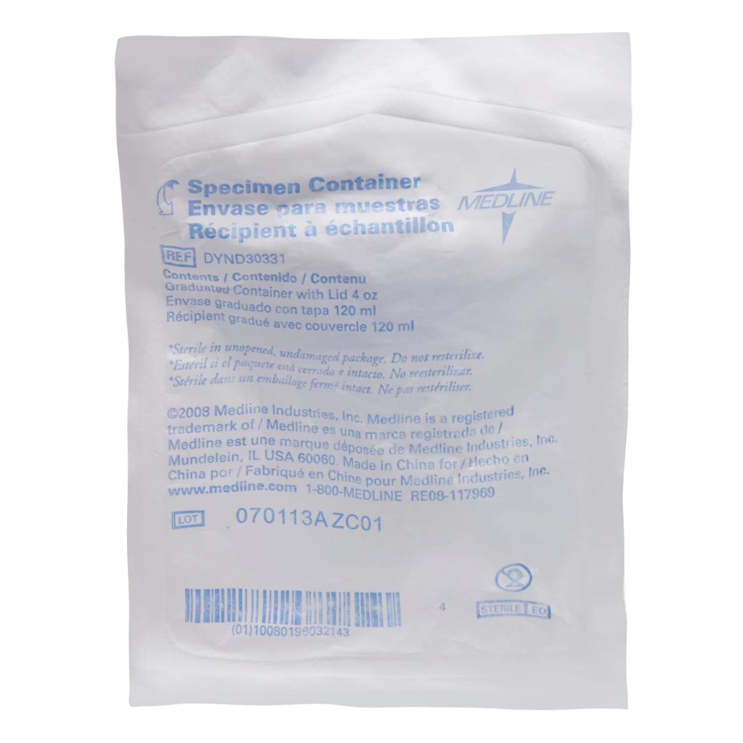 Medline Sterile Specimen Containers, 4 Oz, Pack Of 100 Containers