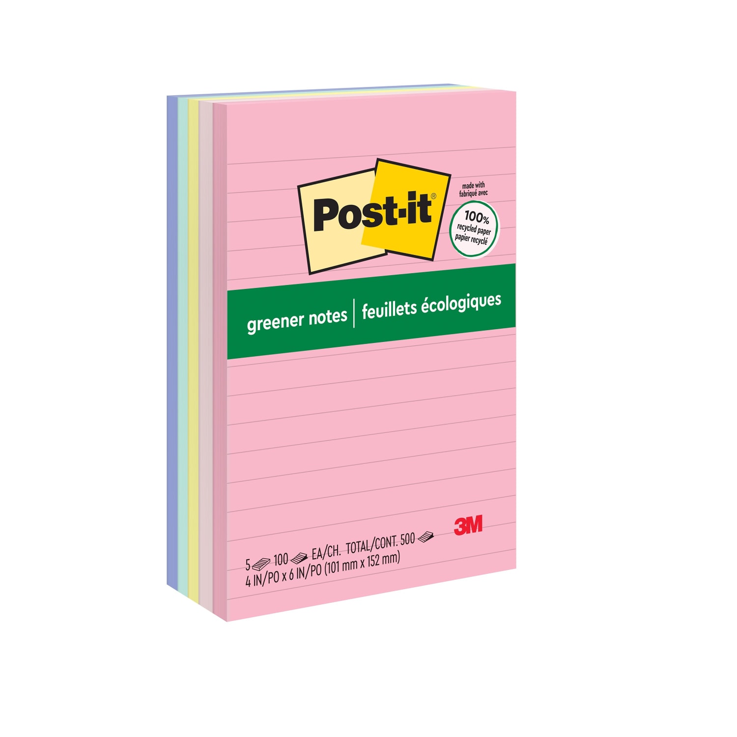 Post-it Greener Notes, 4 in x 6 in, 5 Pads, 100 Sheets/Pad, Lined, Clean Removal, School Supplies and Office Products, Sticky Notes for Surfaces