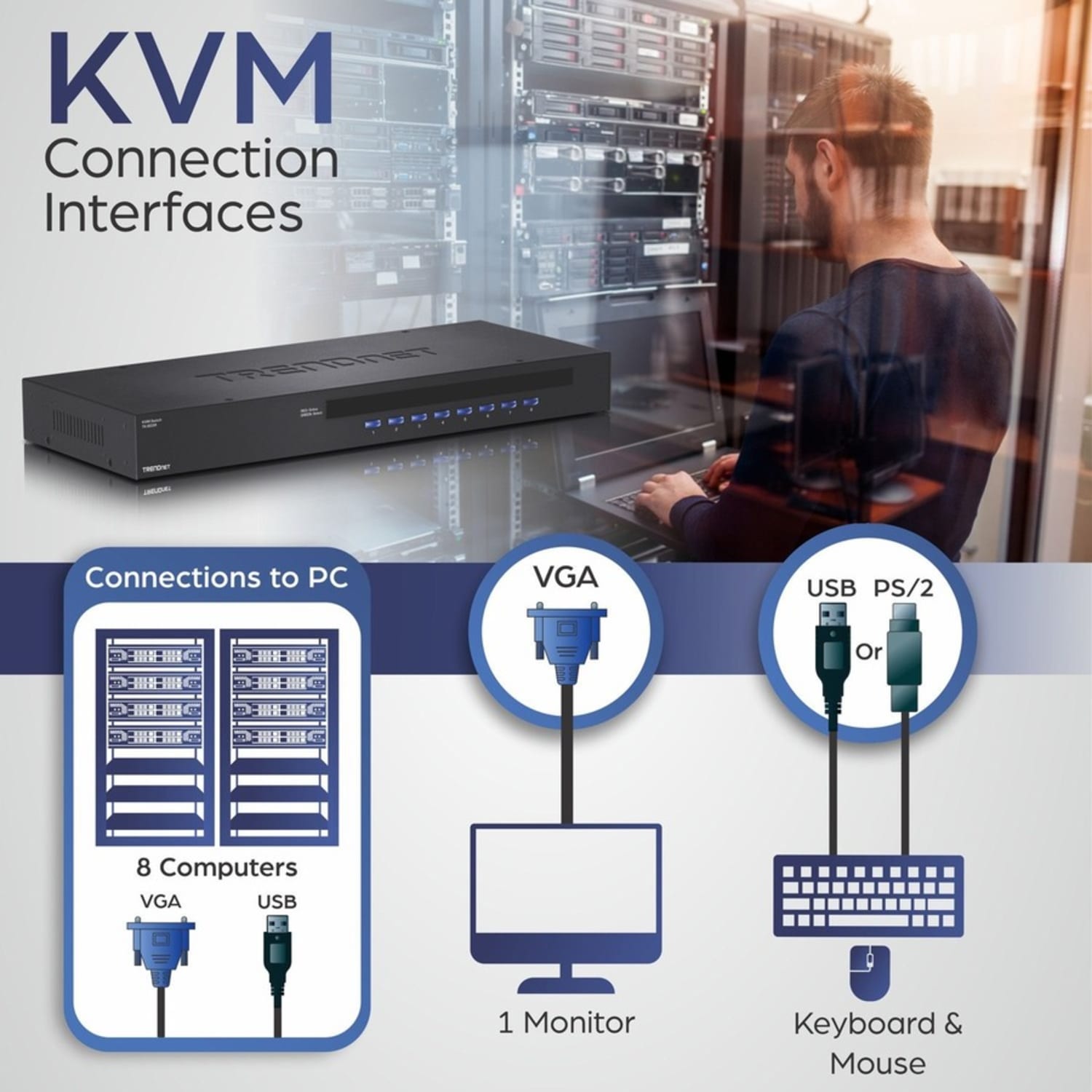 TRENDnet 8-Port USB/PS2 Rack Mount KVM Switch, TK-803R, VGA & USB Connection, Supports USB & PS/2 Connections, Device Monitoring, Auto Scan, Audible Feedback, Control up to 8 Computers/Servers - 8-port KVM USB/PS2 Rack Mount Switch - Image 6