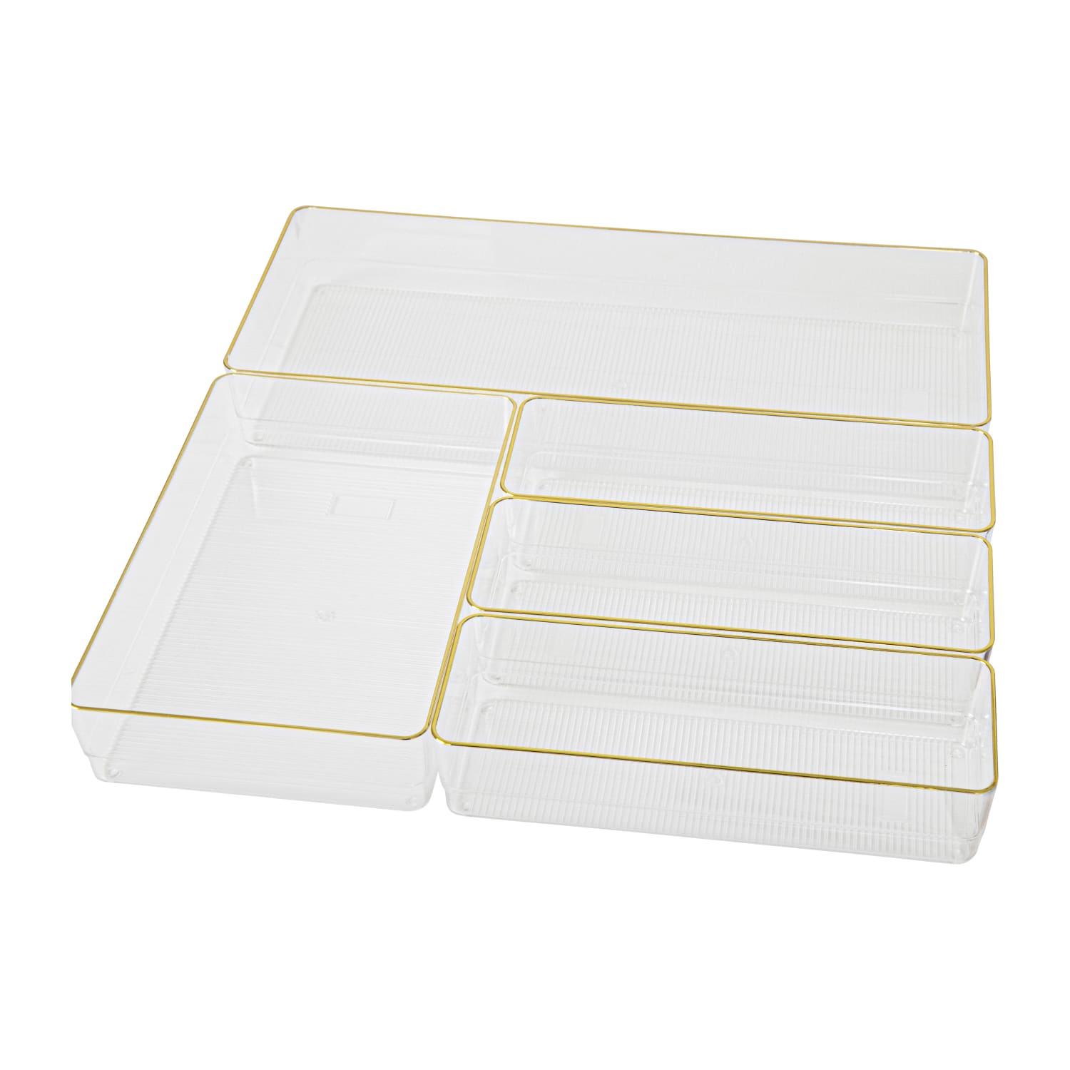 Martha Stewart Kerry Plastic Stackable Office Desk Drawer 5-Piece Organizer Set, Clear/Gold Trim