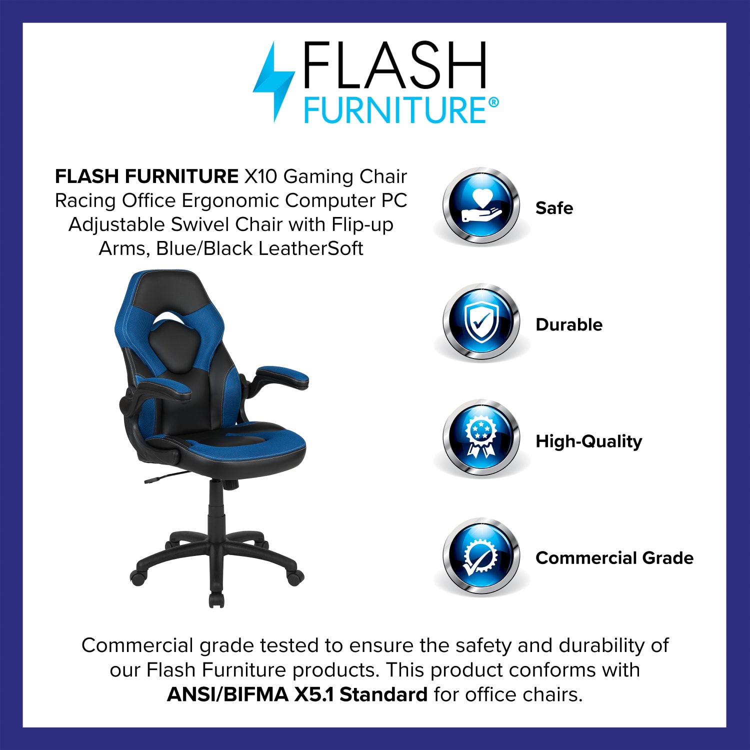 Flash Furniture X10 Ergonomic LeatherSoft Faux Leather High Back Racing Gaming Chair With Flip Up Arms BlueBlack PopularChairscom