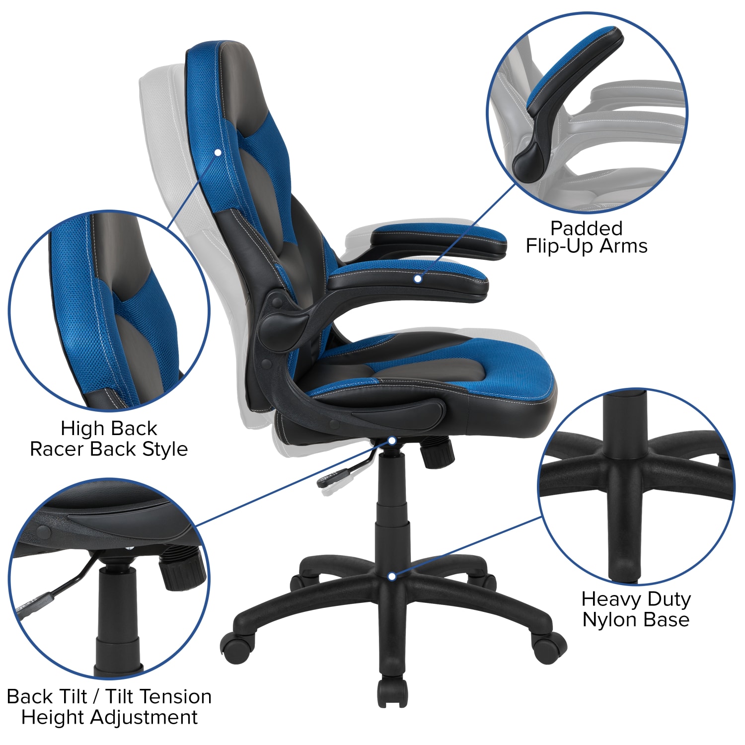Flash Furniture X10 Ergonomic LeatherSoft Faux Leather High Back Racing Gaming Chair With Flip Up Arms BlueBlack PopularChairscom
