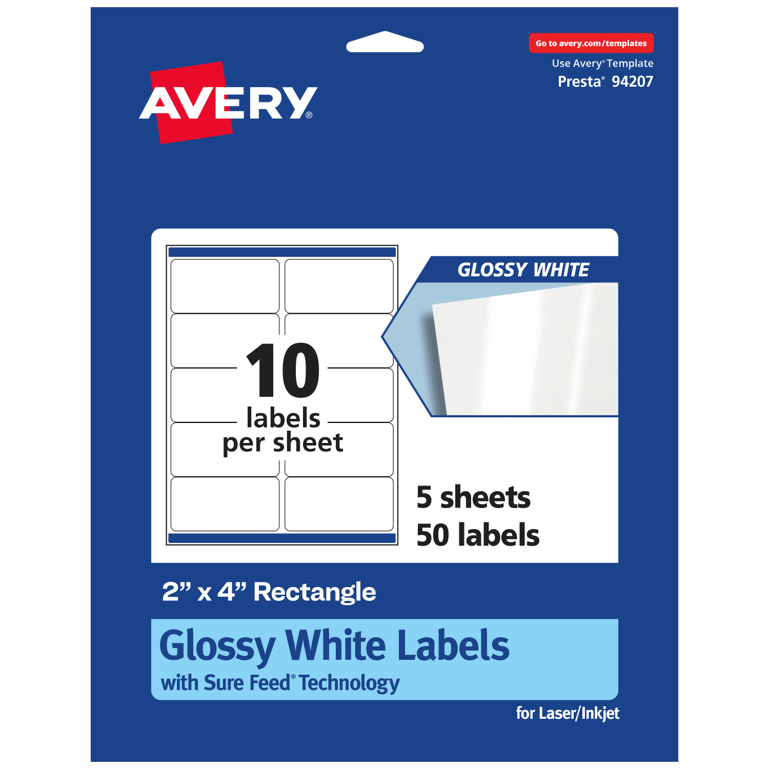 Avery Glossy Permanent Labels With Sure Feed, 94207-WGP5, Rectangle, 2in x 4in, White, Pack Of 50