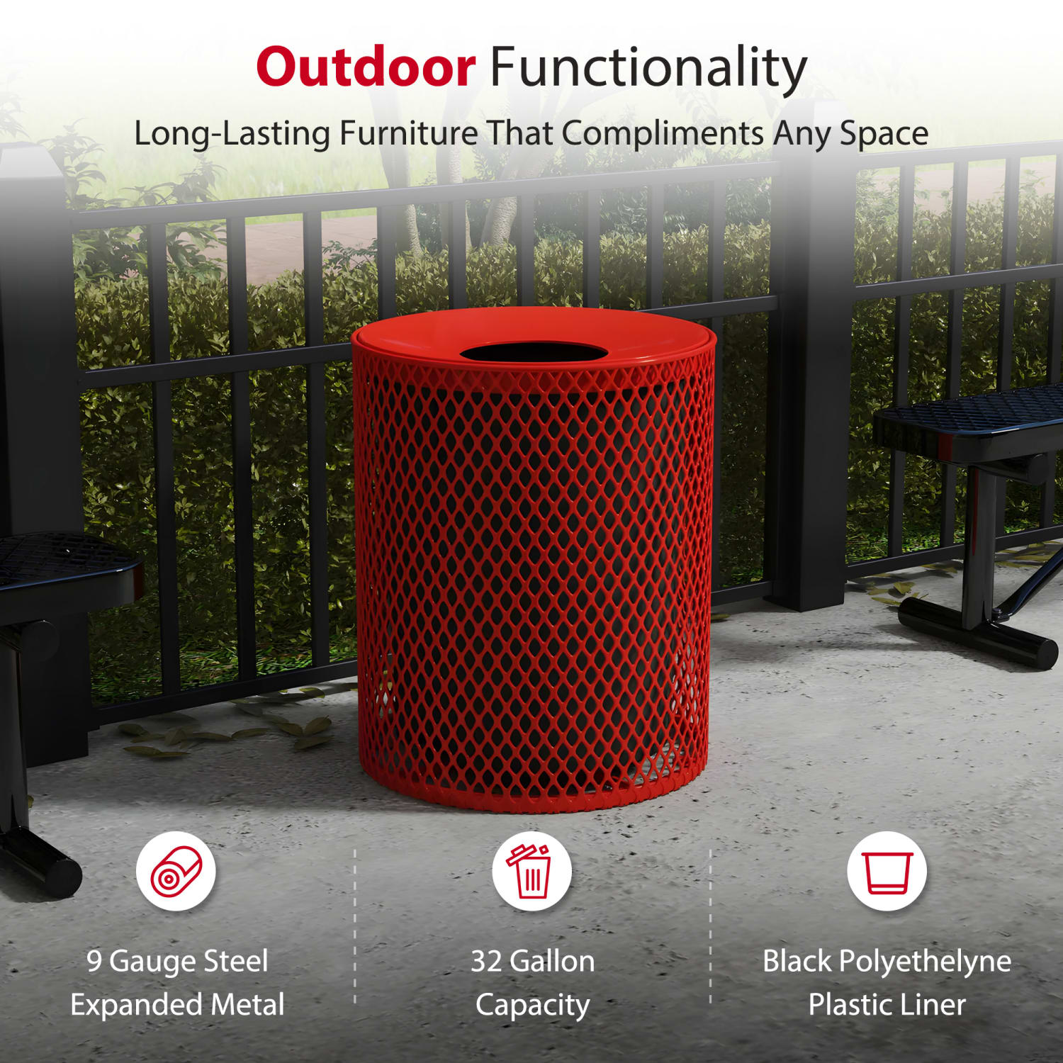 Leisure Craft Expanded Metal Outdoor Receptacle, 32-Gallon, Red - Image 4