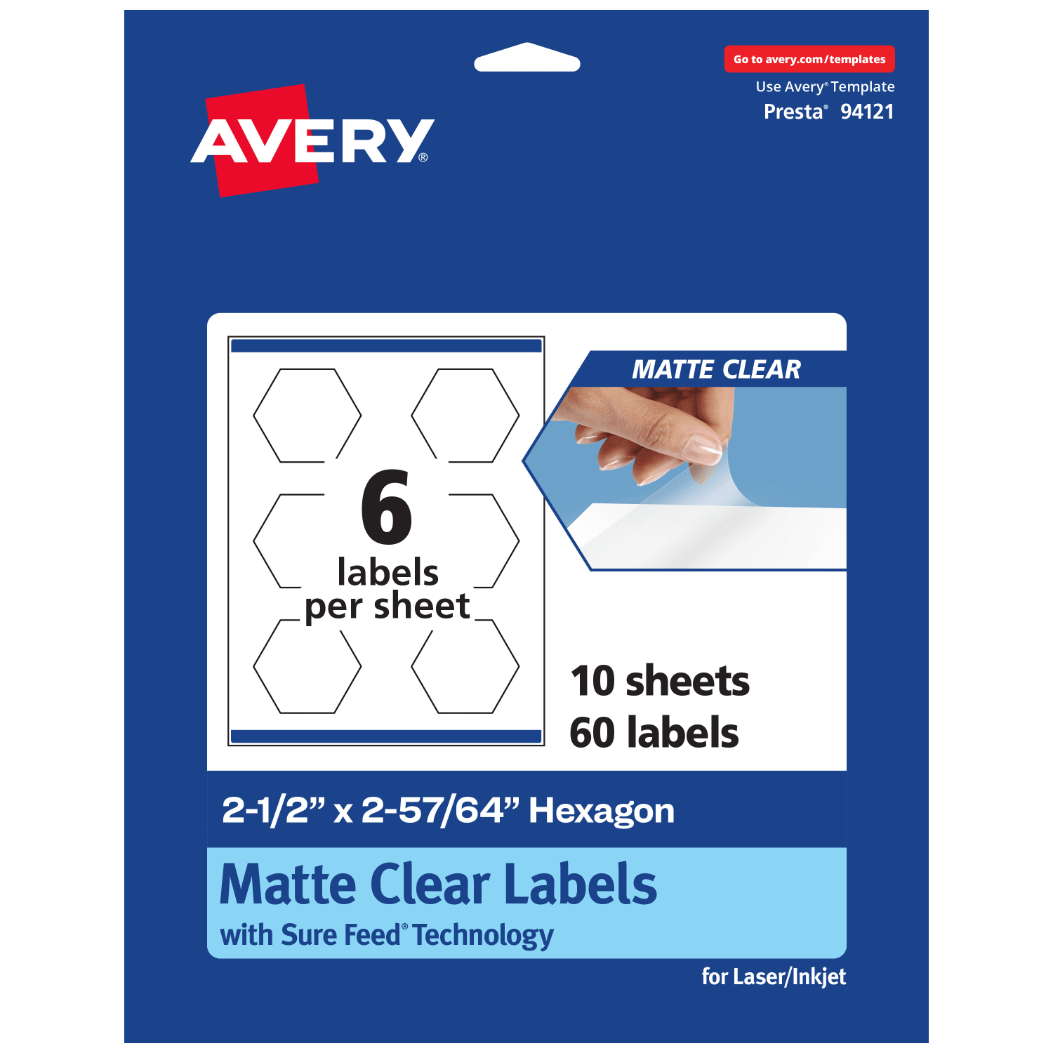 Avery Permanent Labels With Sure Feed, 94121-CMF10, Hexagon, 2-1/2in x 2-57/64in, Matte Clear, Pack Of 60