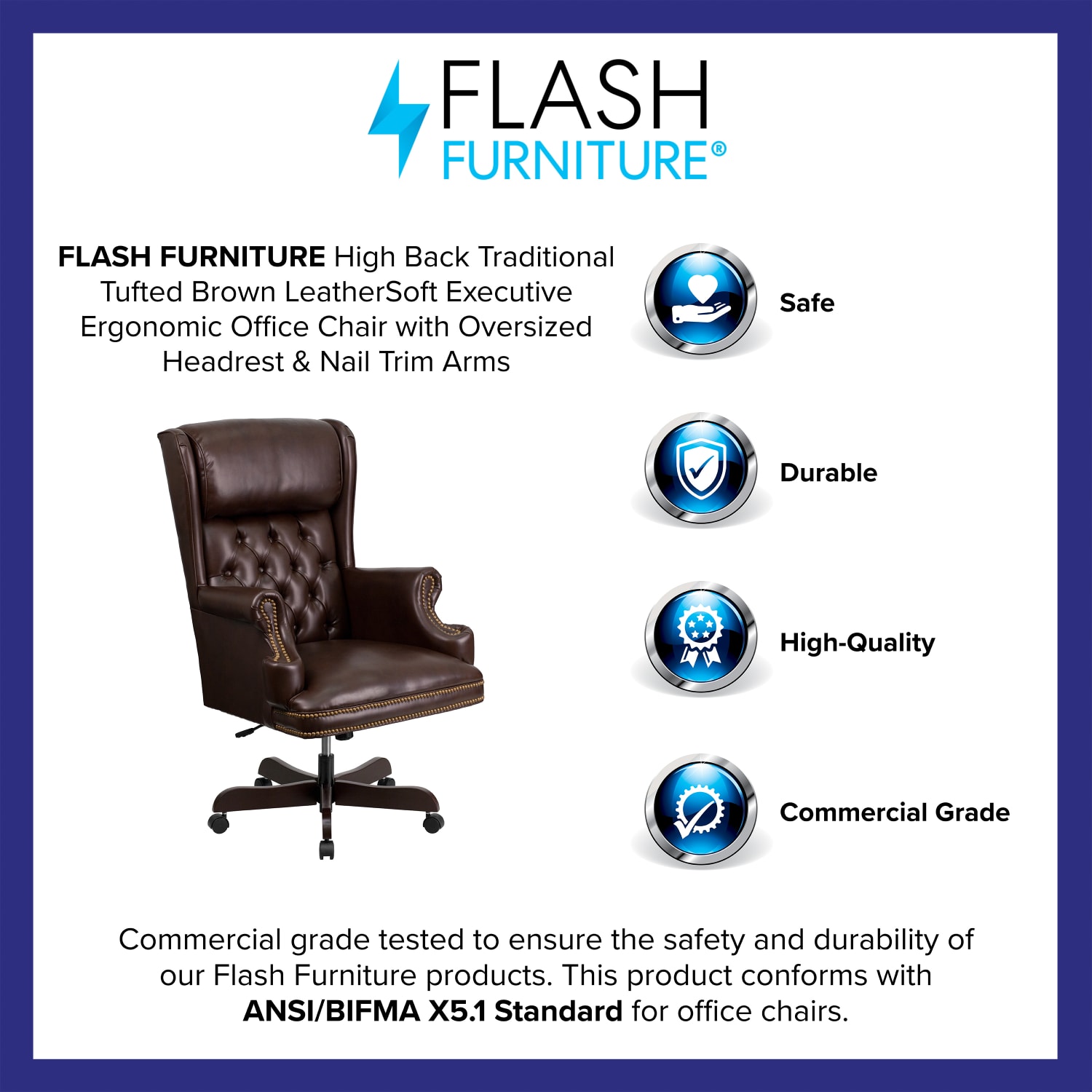 Flash Furniture Traditional Tufted Ergonomic LeatherSoft Faux Leather High-Back Swivel Chair, Brown - Image 5
