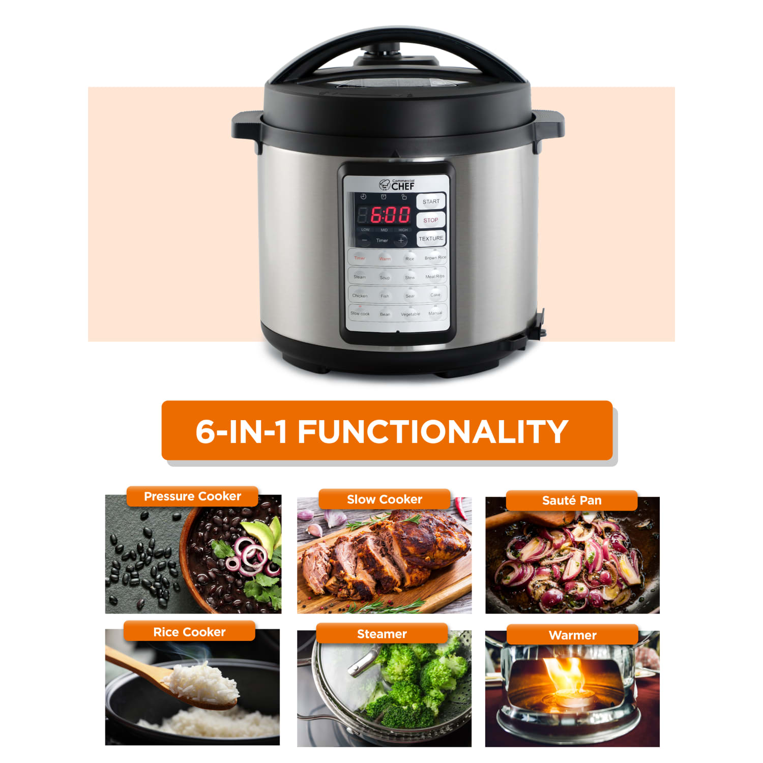 Commercial Chef 13-in-1 Electric Pressure Cooker, 6.3-Quart, Silver - Image 3