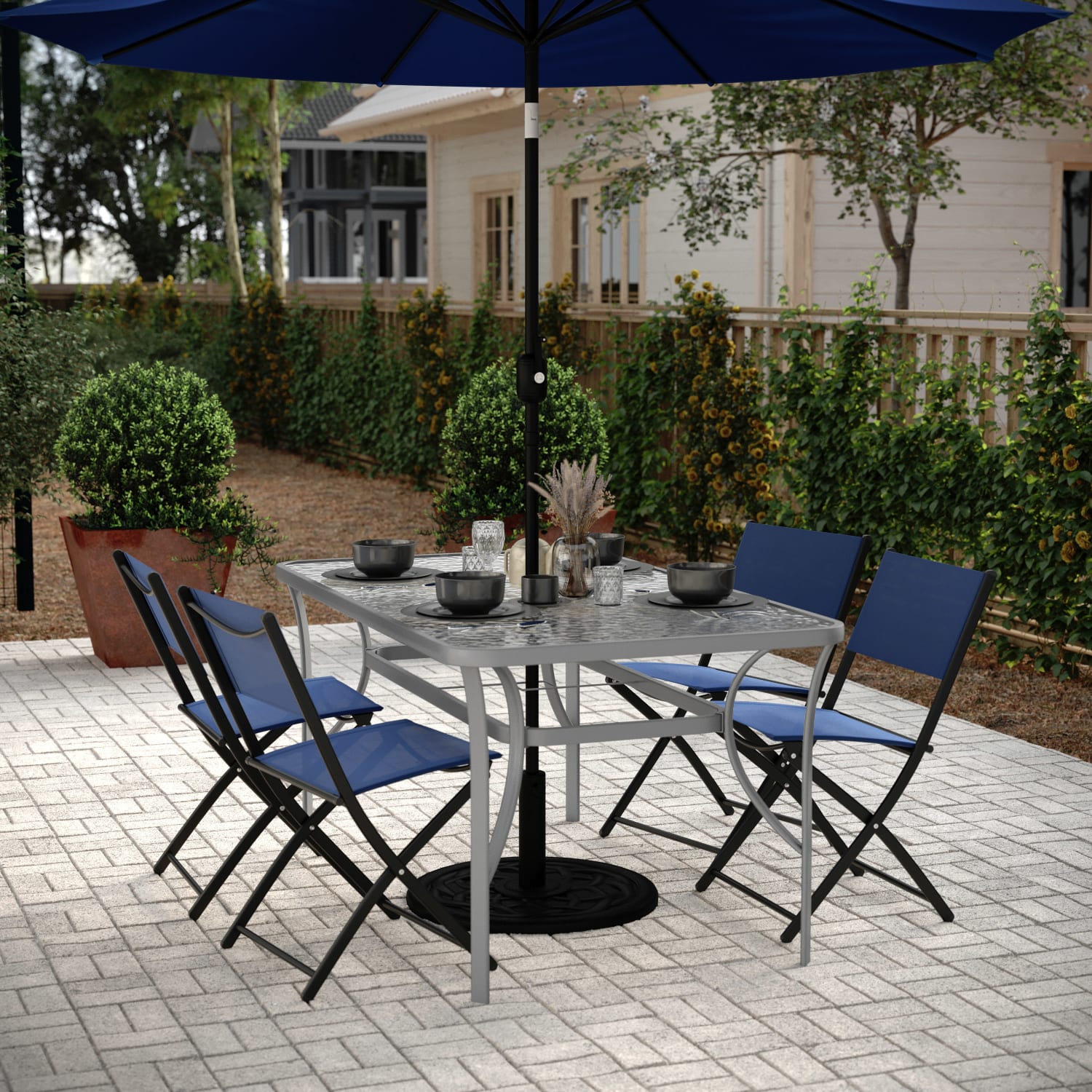 Flash Furniture Tory Commercial Grade Patio Table with Tempered Glass Top with Umbrella Hole and Steel Tube Frame, Clear Top/Silver Frame - Image 3