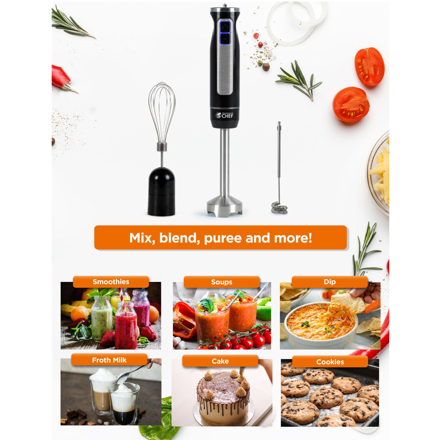 Commercial Chef Multi-Purpose 2-Speed Immersion Hand Blender, Black - Image 3