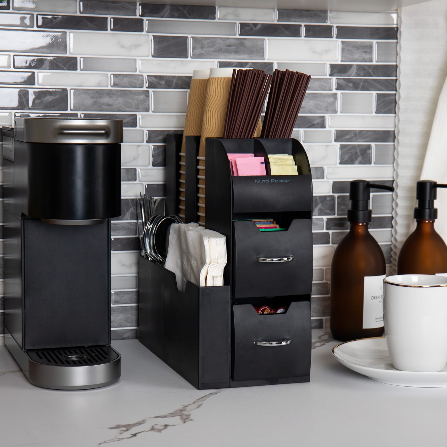 Mind Reader 11-Compartment Coffee Cup and Condiment Organizer with 2 Drawers, 11-3/20inH x 11-1/4inW x 5-7/20inL, Black - Image 3