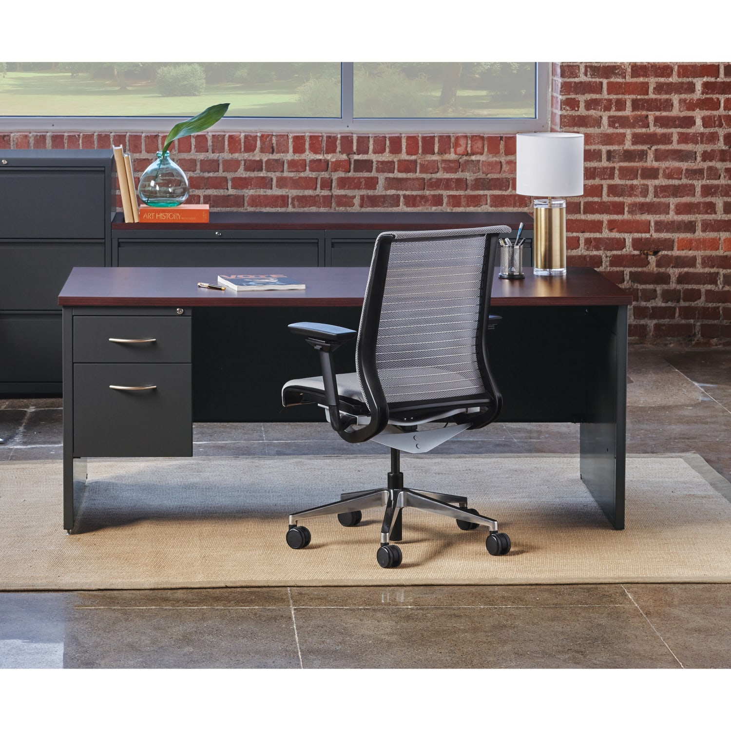 WorkPro Modular 72inW x 36inD Left-Pedestal Computer Desk, Charcoal/Mahogany - Image 4