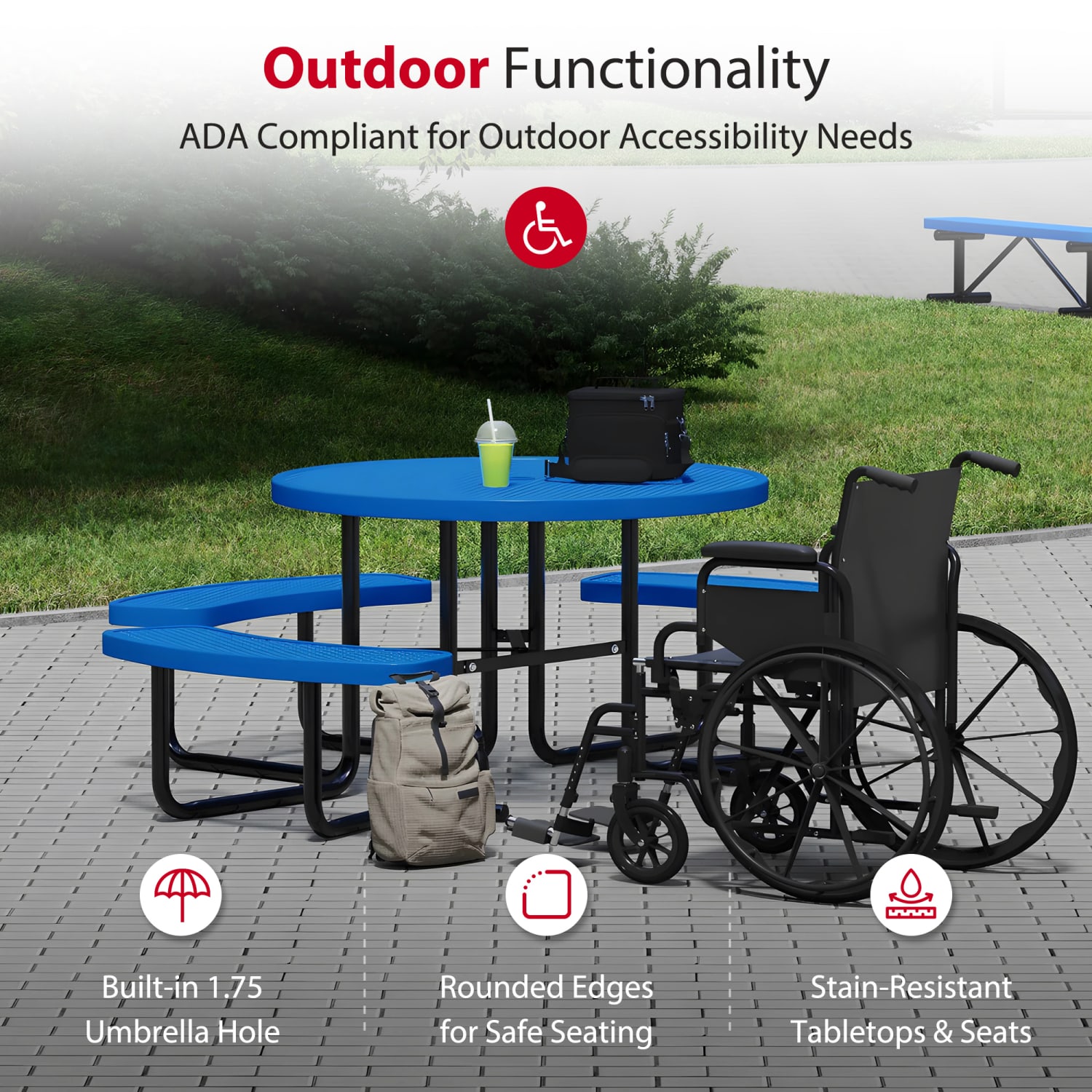 Leisure Craft Round ADA Outdoor Picnic Table, 29-1/4inH x 63-1/2inW x 81inD, Black/Blue - Image 4