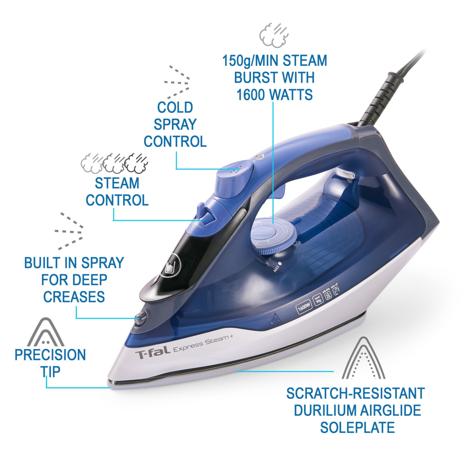T-Fal Express Steam Iron With Durilium AirGlide Soleplate, Blue - Image 5