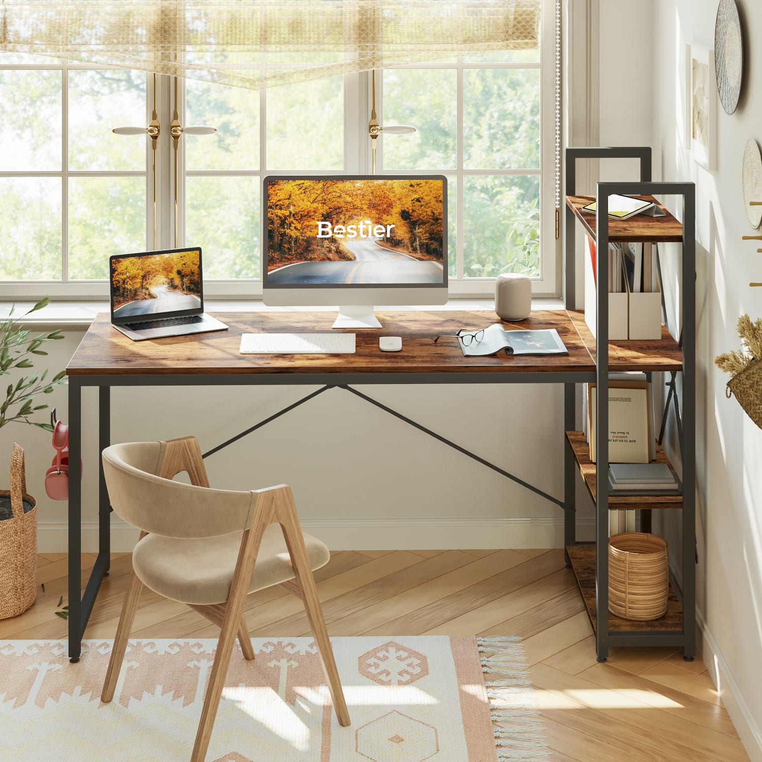 Bestier Modern Office Desk With Storage Shelf & Headset Hook, 63inW, Rustic Brown - Image 5