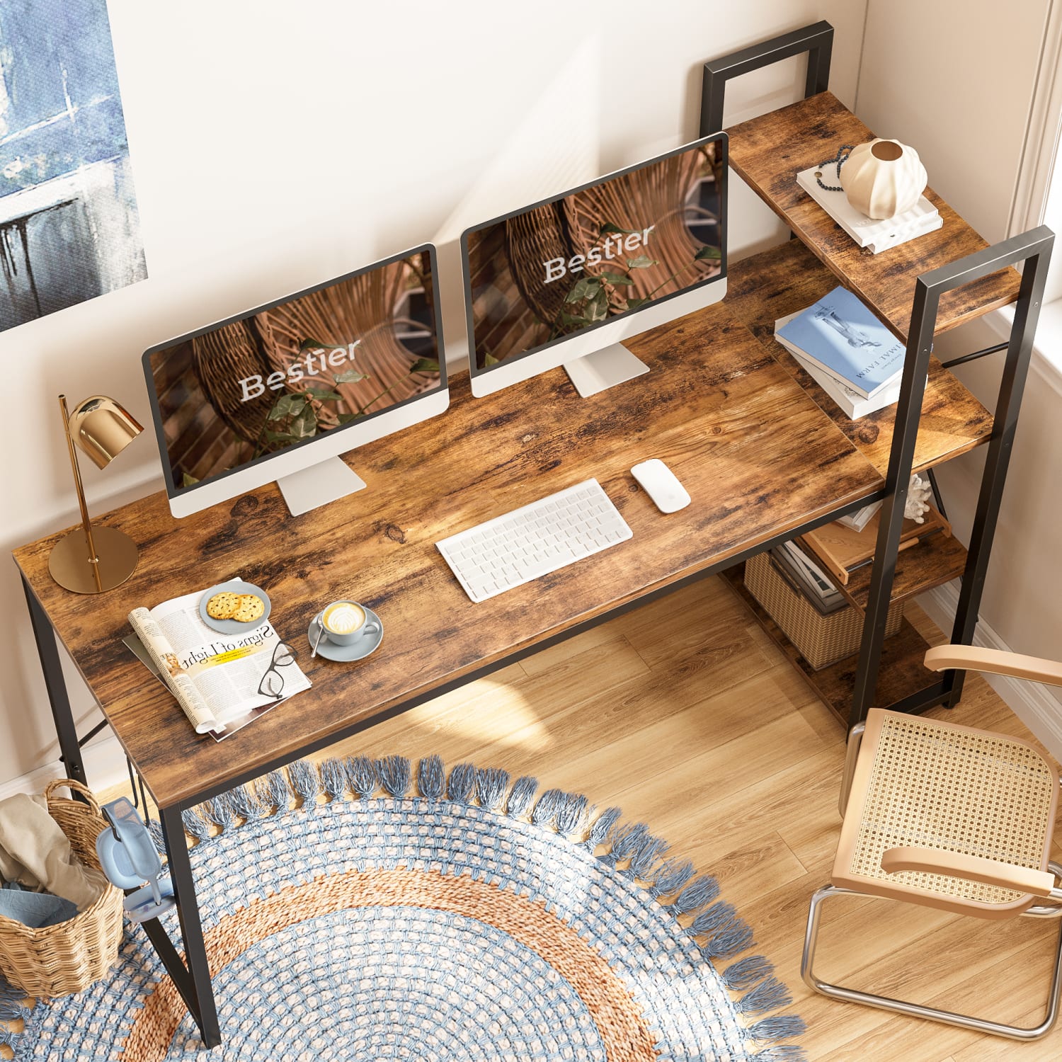 Bestier Modern Office Desk With Storage Shelf & Headset Hook, 63inW, Rustic Brown - Image 6