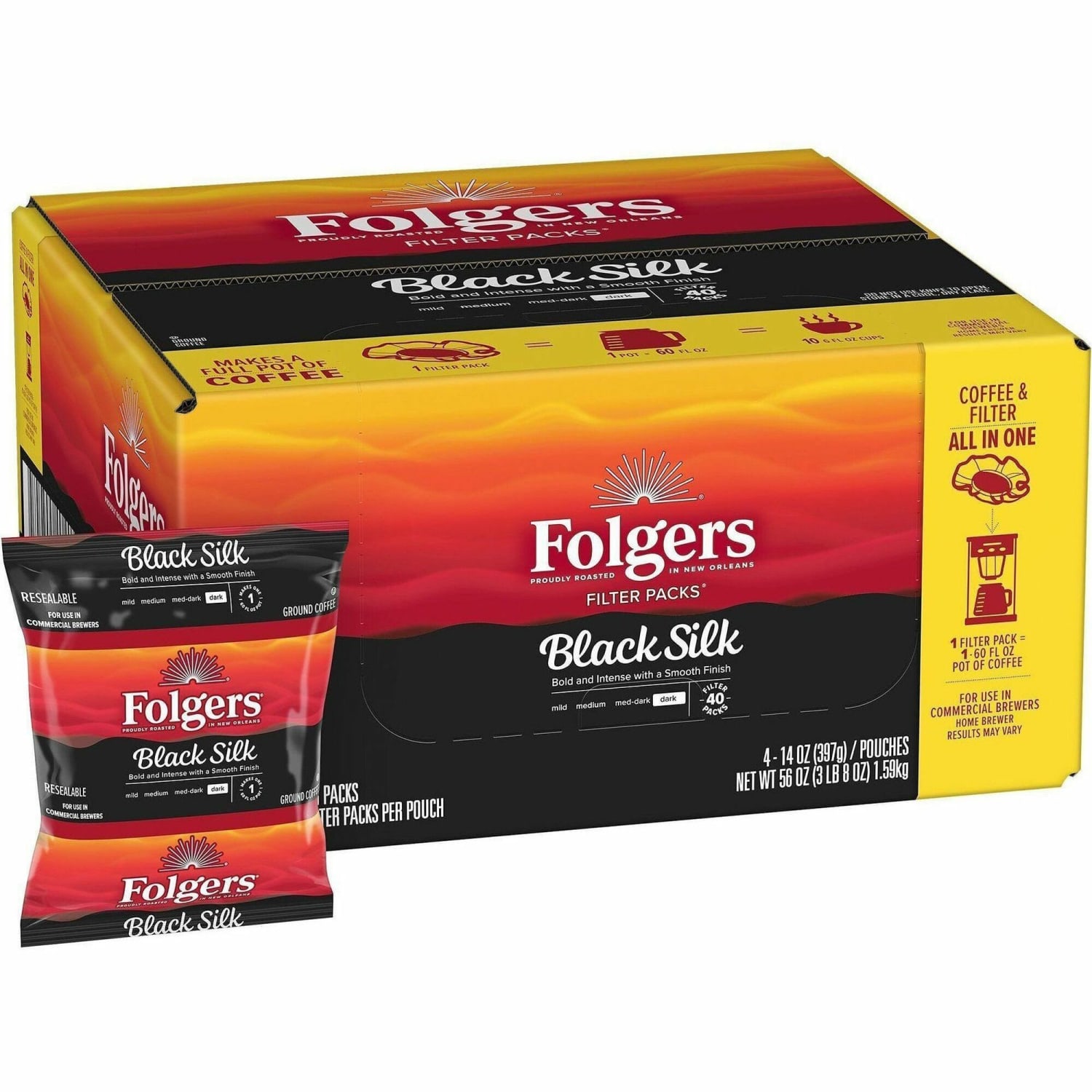 Folgers Black Silk Coffee Single-Serve Packs, Dark Roast, 1.4 Oz Per Bag, Carton Of 40