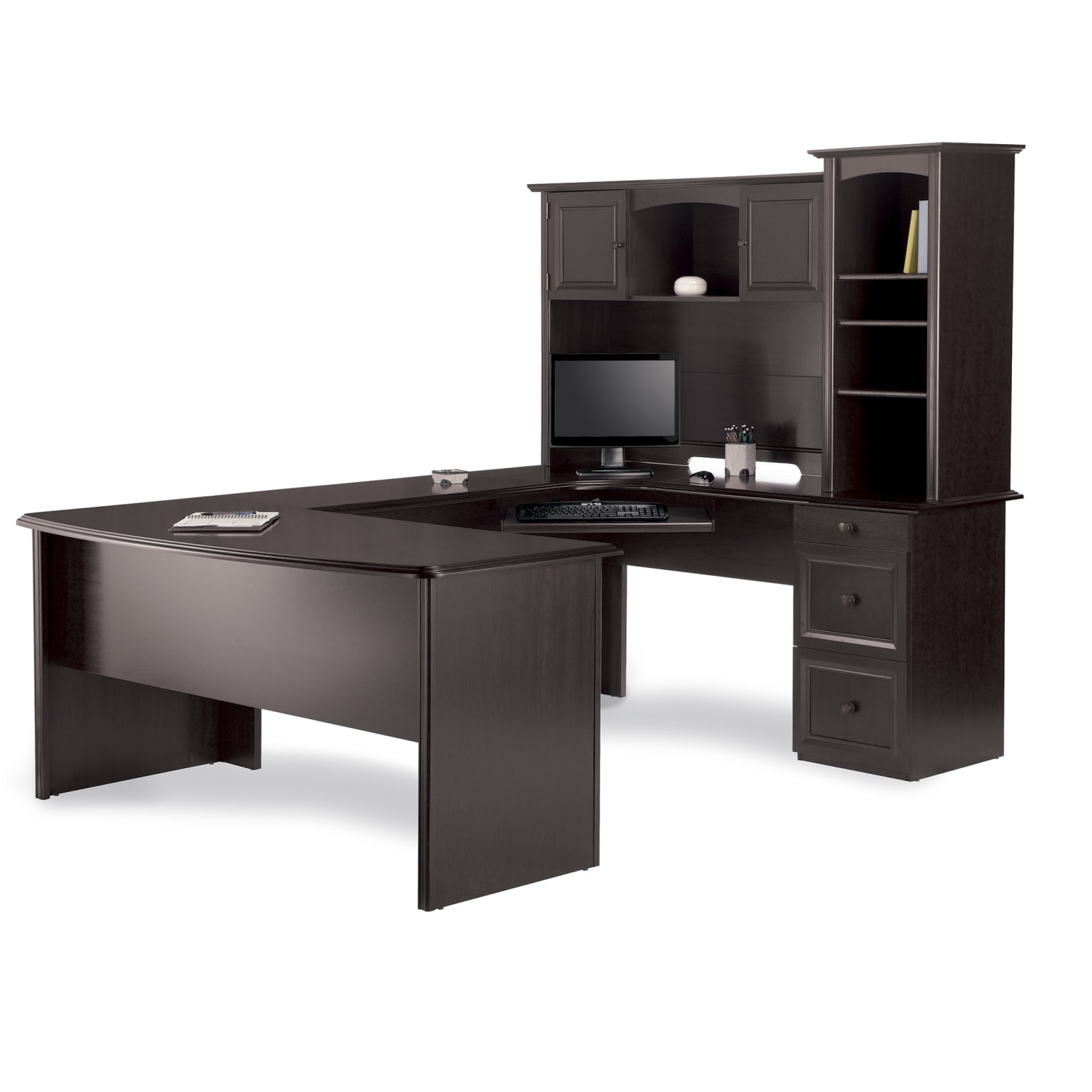 Realspace® Broadstreet 65W Hutch for U Shaped Desk Walnut PopularChairscom