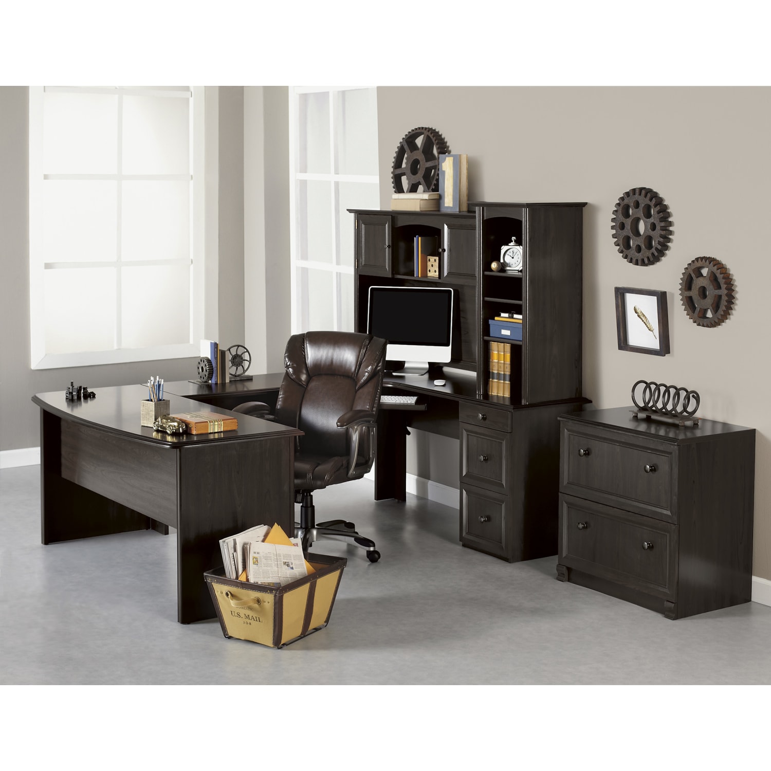 Realspace® Broadstreet 65W Hutch for U Shaped Desk Walnut PopularChairscom