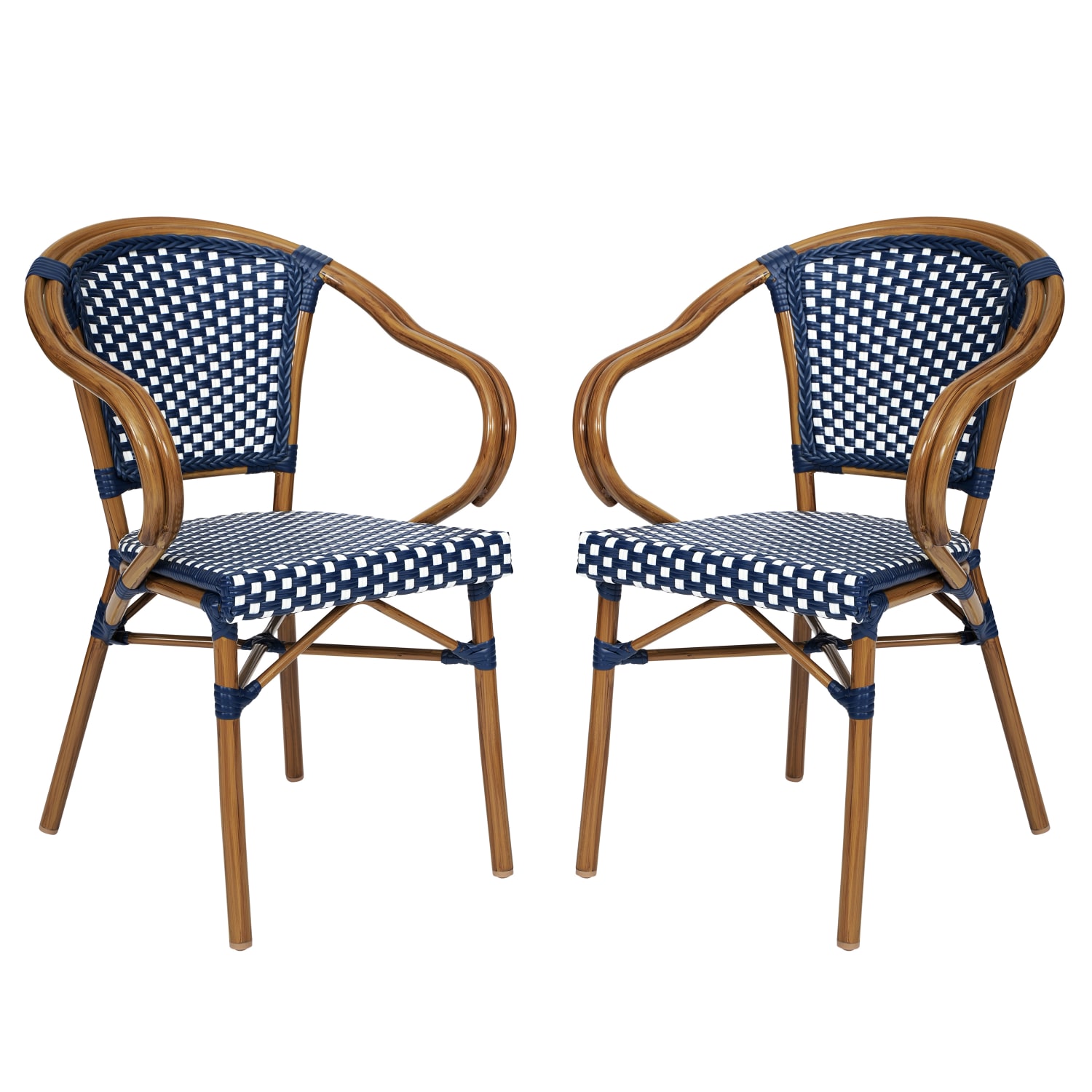 Flash Furniture 2 Pack Bordeaux Indoor/Outdoor Commercial Bistro Stacking Chair with Arms, Navy & White/Natural Frame -2SDAS642142NVWN