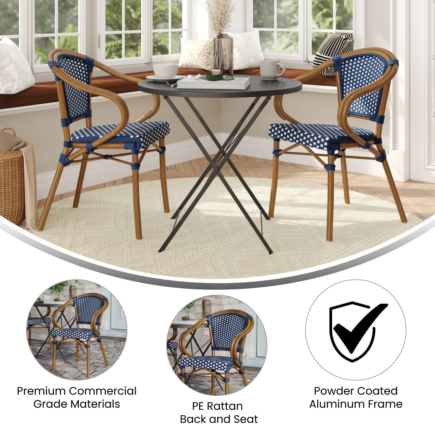Flash Furniture 2 Pack Bordeaux Indoor/Outdoor Commercial Bistro Stacking Chair with Arms, Navy & White/Natural Frame -2SDAS642142NVWN - Image 5