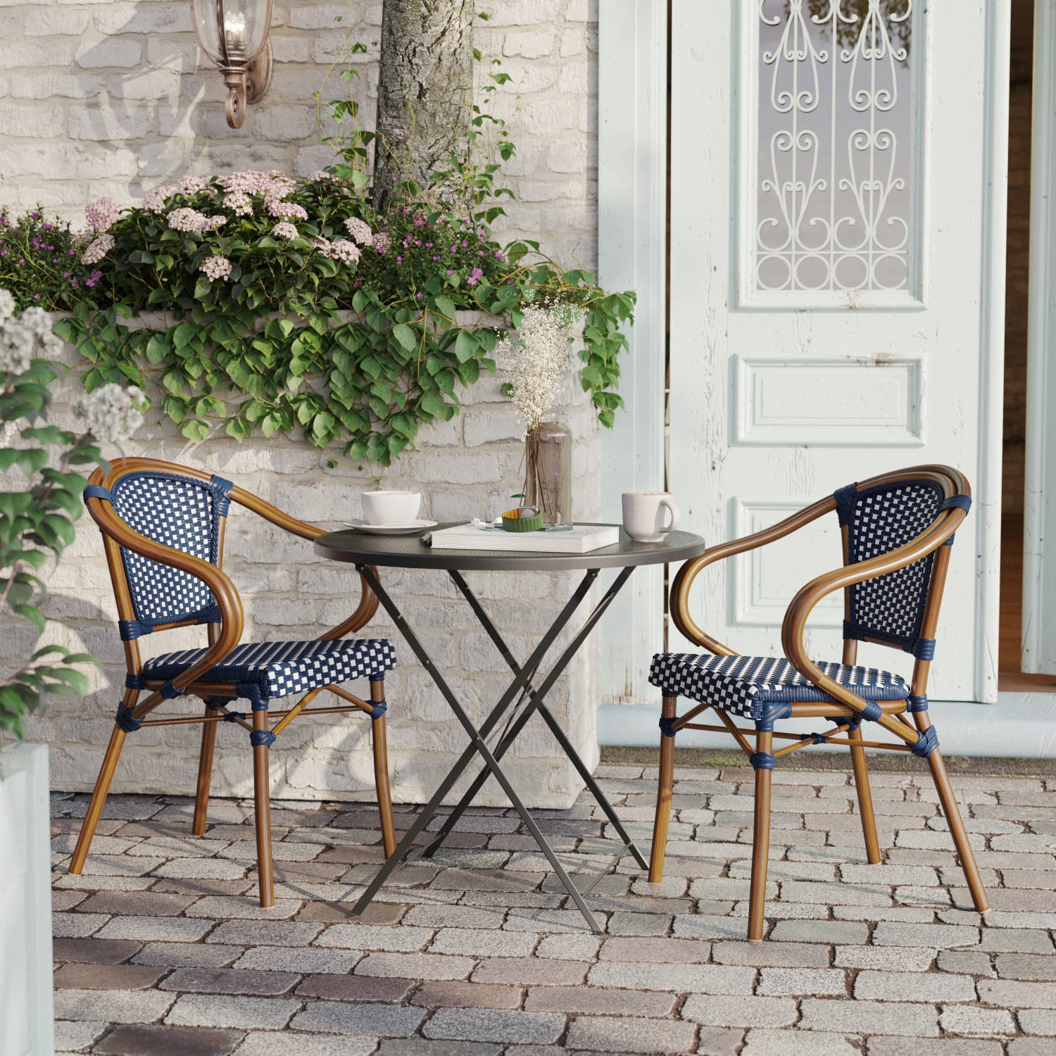 Flash Furniture 2 Pack Bordeaux Indoor/Outdoor Commercial Bistro Stacking Chair with Arms, Navy & White/Natural Frame -2SDAS642142NVWN - Image 6