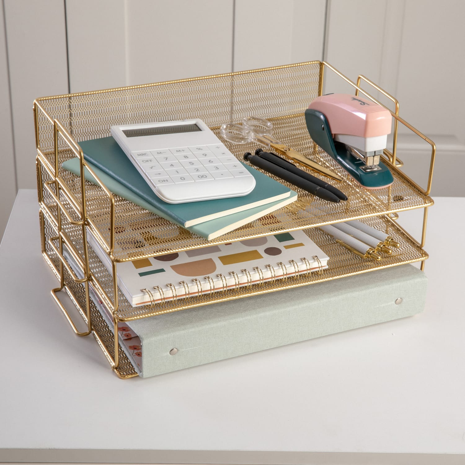 Martha Stewart Ryder 3-Tier Stackable Steel Mesh Desk Letter Tray Organizer, 7-3/4inH x 14-1/2inW x 10-1/2inD, Gold - Image 3