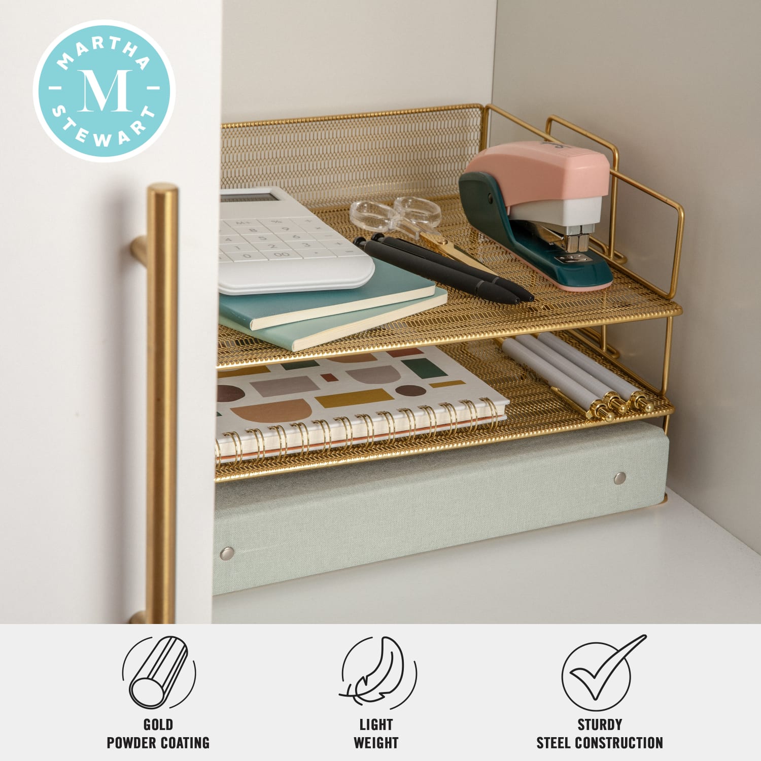 Martha Stewart Ryder 3-Tier Stackable Steel Mesh Desk Letter Tray Organizer, 7-3/4inH x 14-1/2inW x 10-1/2inD, Gold - Image 4