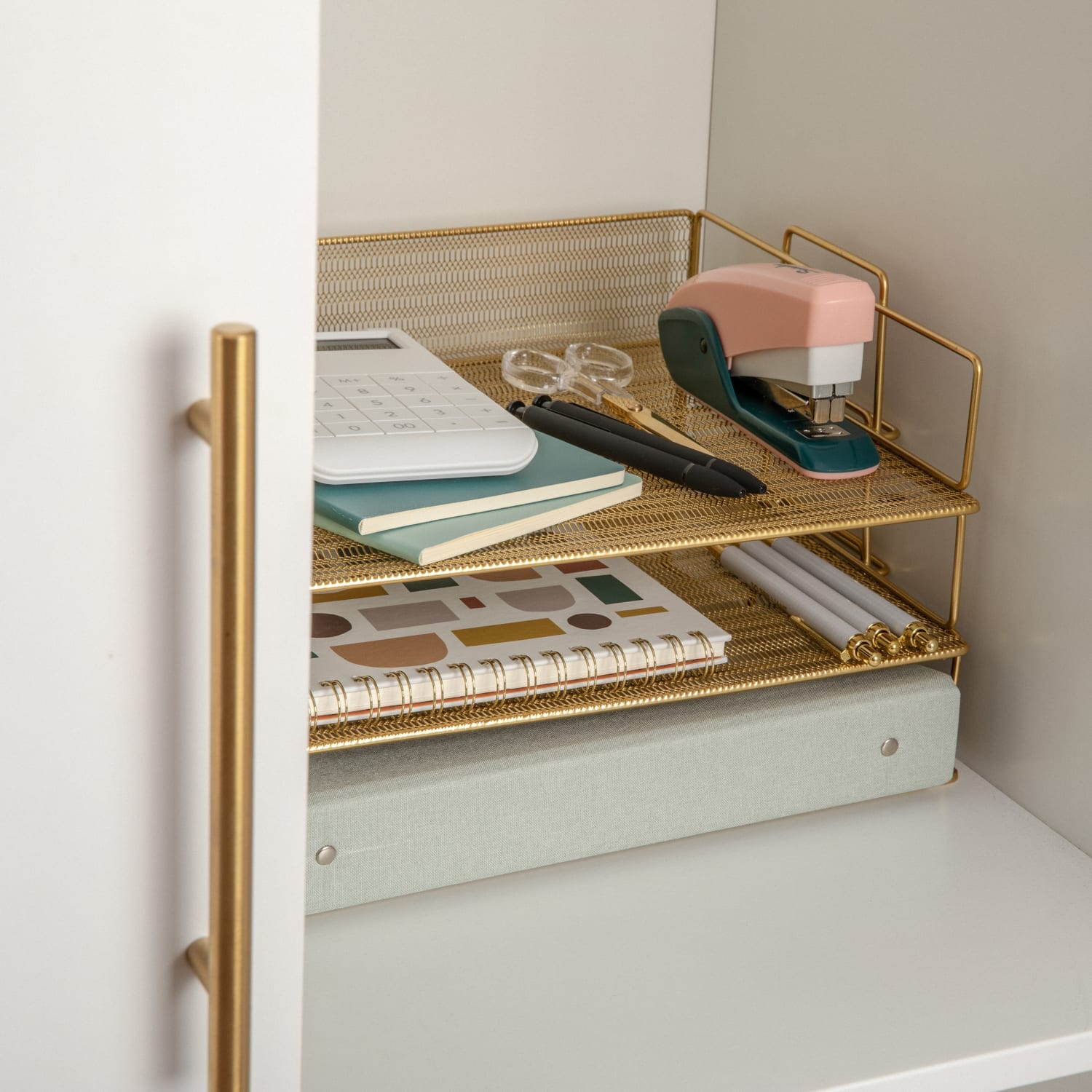 Martha Stewart Ryder 3-Tier Stackable Steel Mesh Desk Letter Tray Organizer, 7-3/4inH x 14-1/2inW x 10-1/2inD, Gold - Image 6