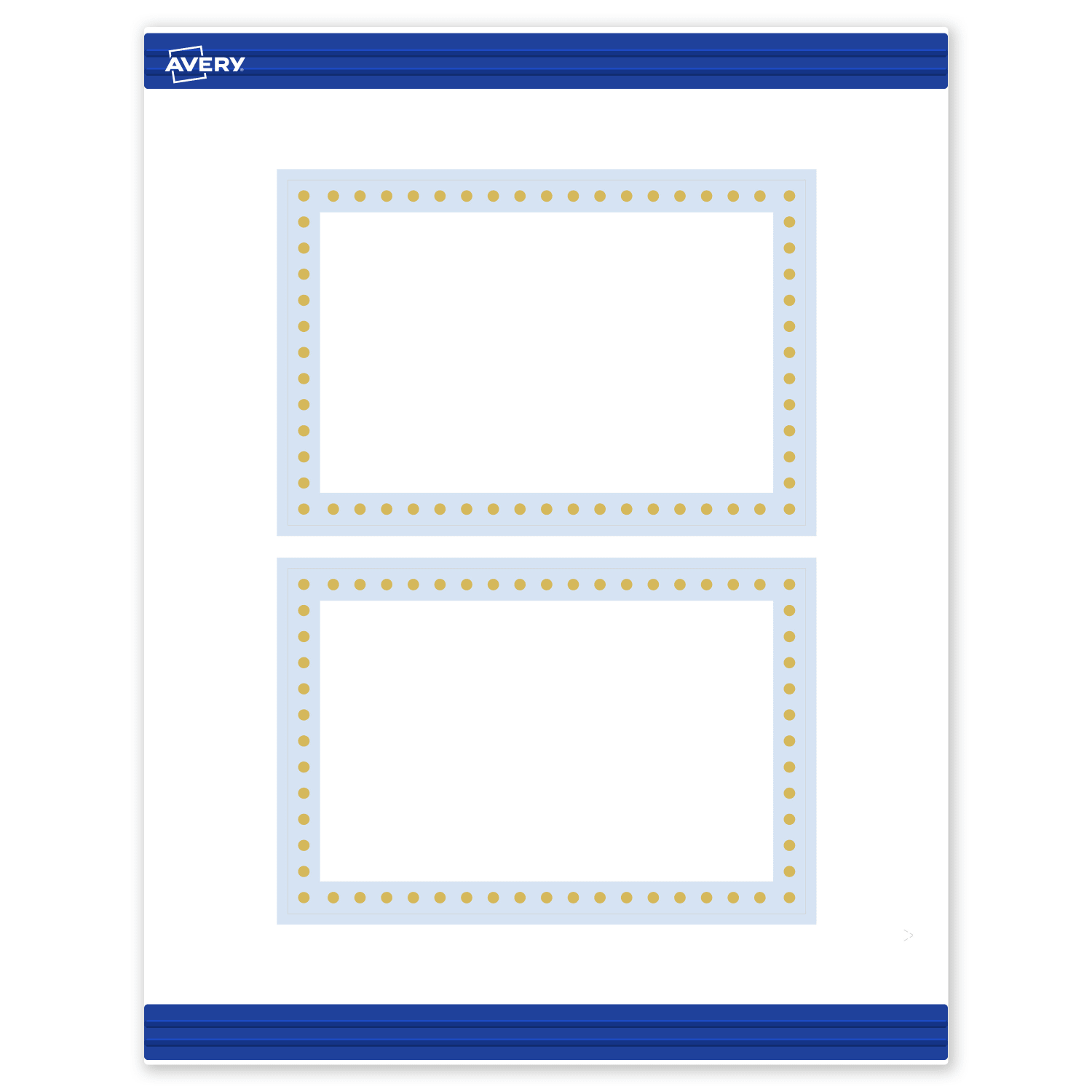 Avery Printable Postcards With Sure Feed Technology, 4in x 6in, Matte White With Gold Dots/Blue Border Design, Pack Of 20